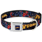 MARVEL SPIDER-MAN Title Logo Full Color Dark Blue Seatbelt Buckle Collar - SPIDER-MAN Title Logo and Action Skyline Poses