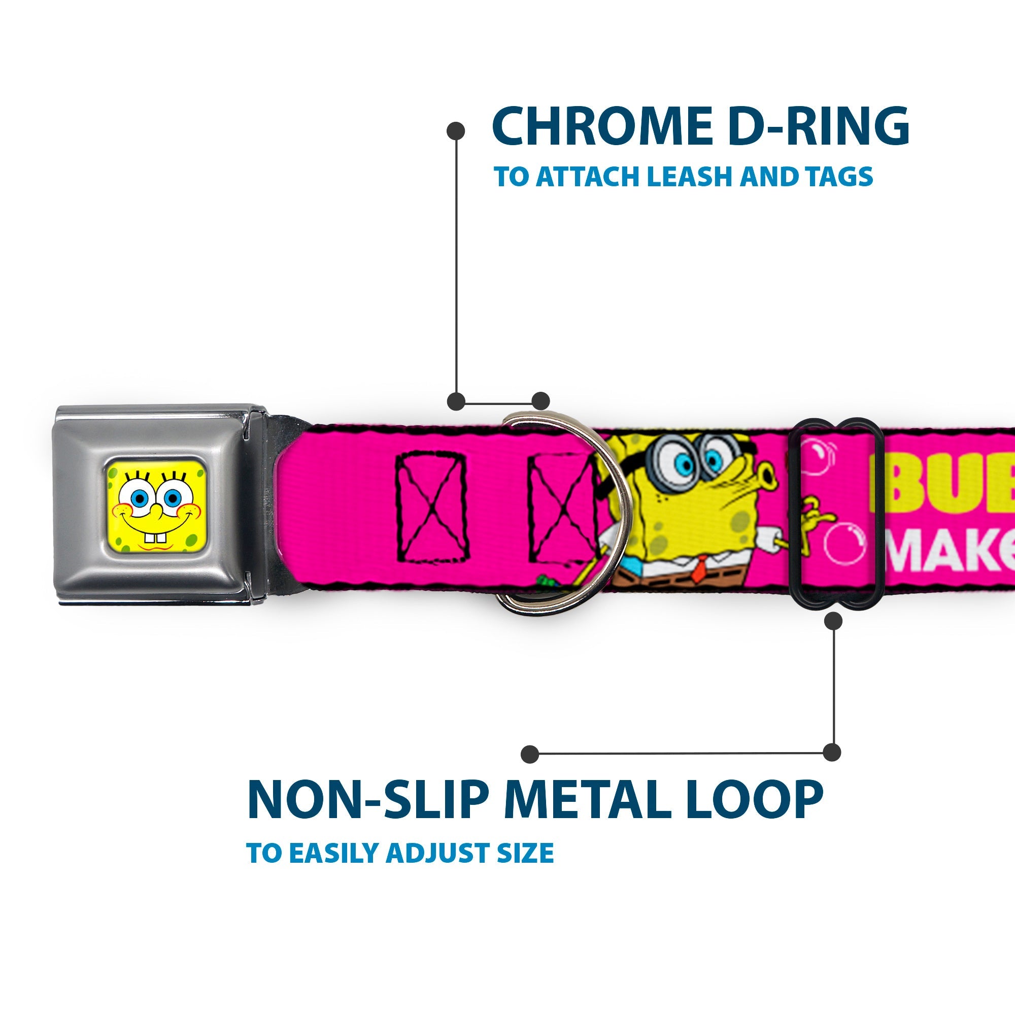 SpongeBob Face CLOSE-UP Full Color Seatbelt Buckle Collar - Patrick Starfish Pose BUBBLES MAKE PEOPLE HAPPY Pink/Yellow/White/Blue