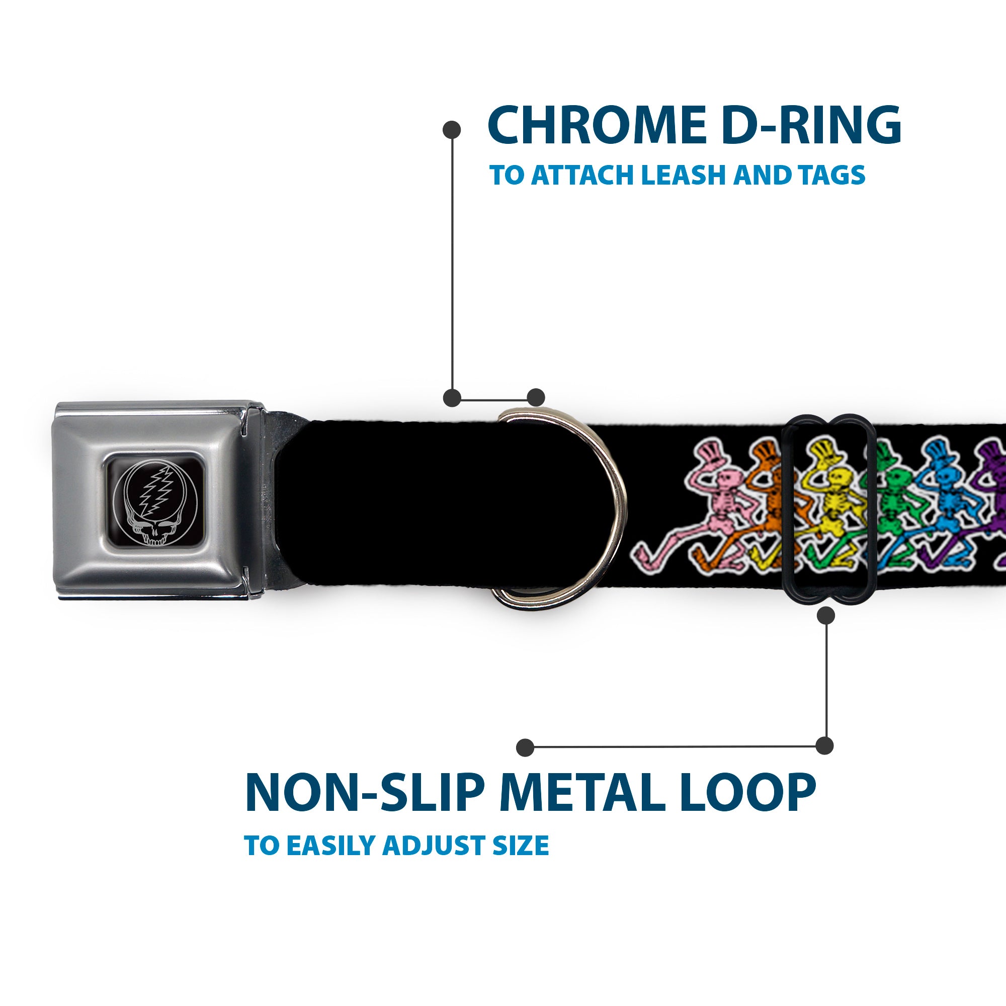 Steal Your Face Seatbelt Buckle Collar - Dancing Skeletons Black/Multi Color