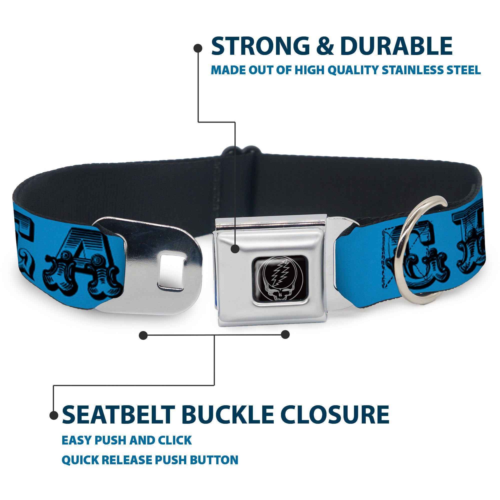 Steal Your Face Seatbelt Buckle Collar - Grateful Dead Text w/Skull & Roses Turquoise