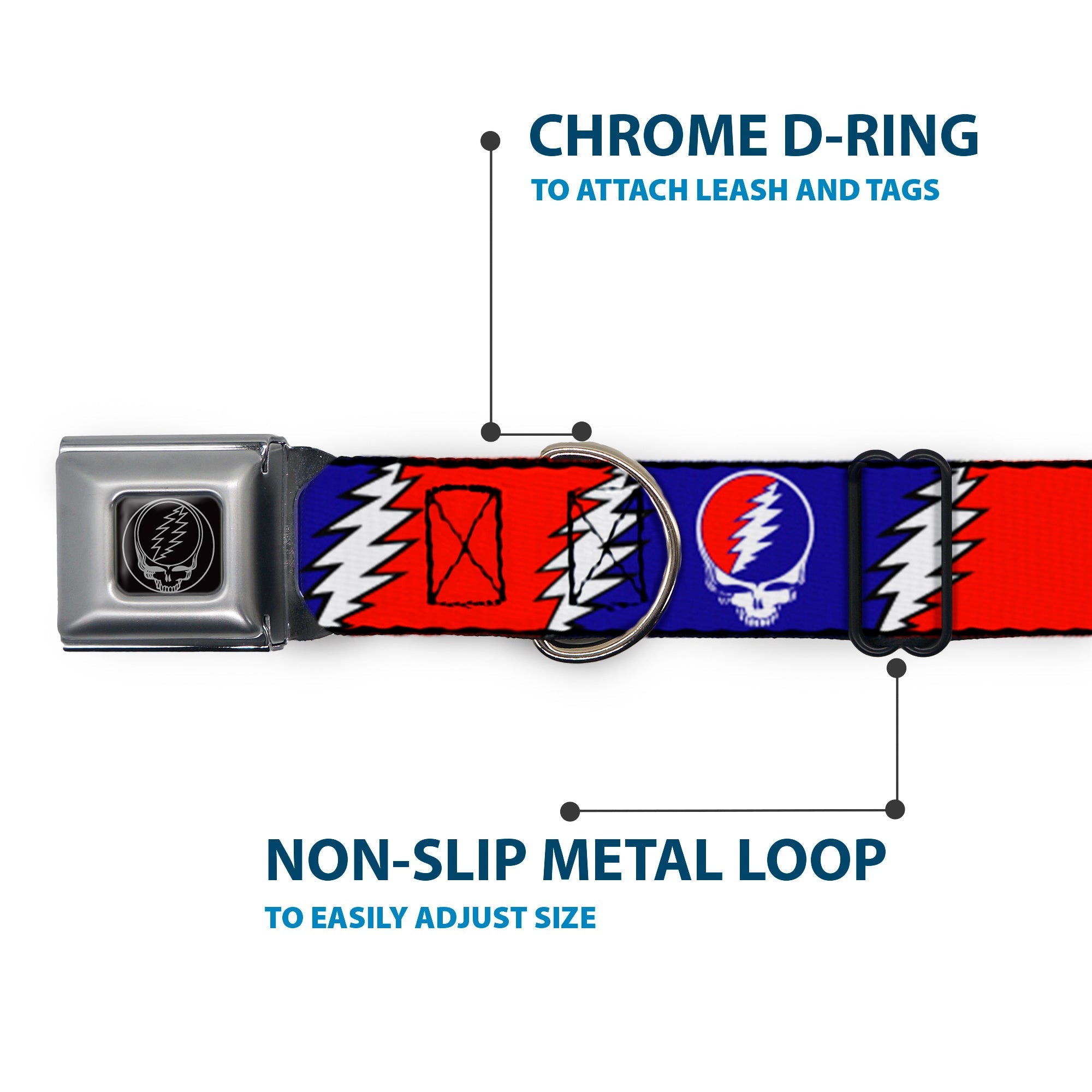 Steal Your Face Seatbelt Buckle Collar - Steal Your Face w/Lightning Bolt Repeat Red/White/Blue