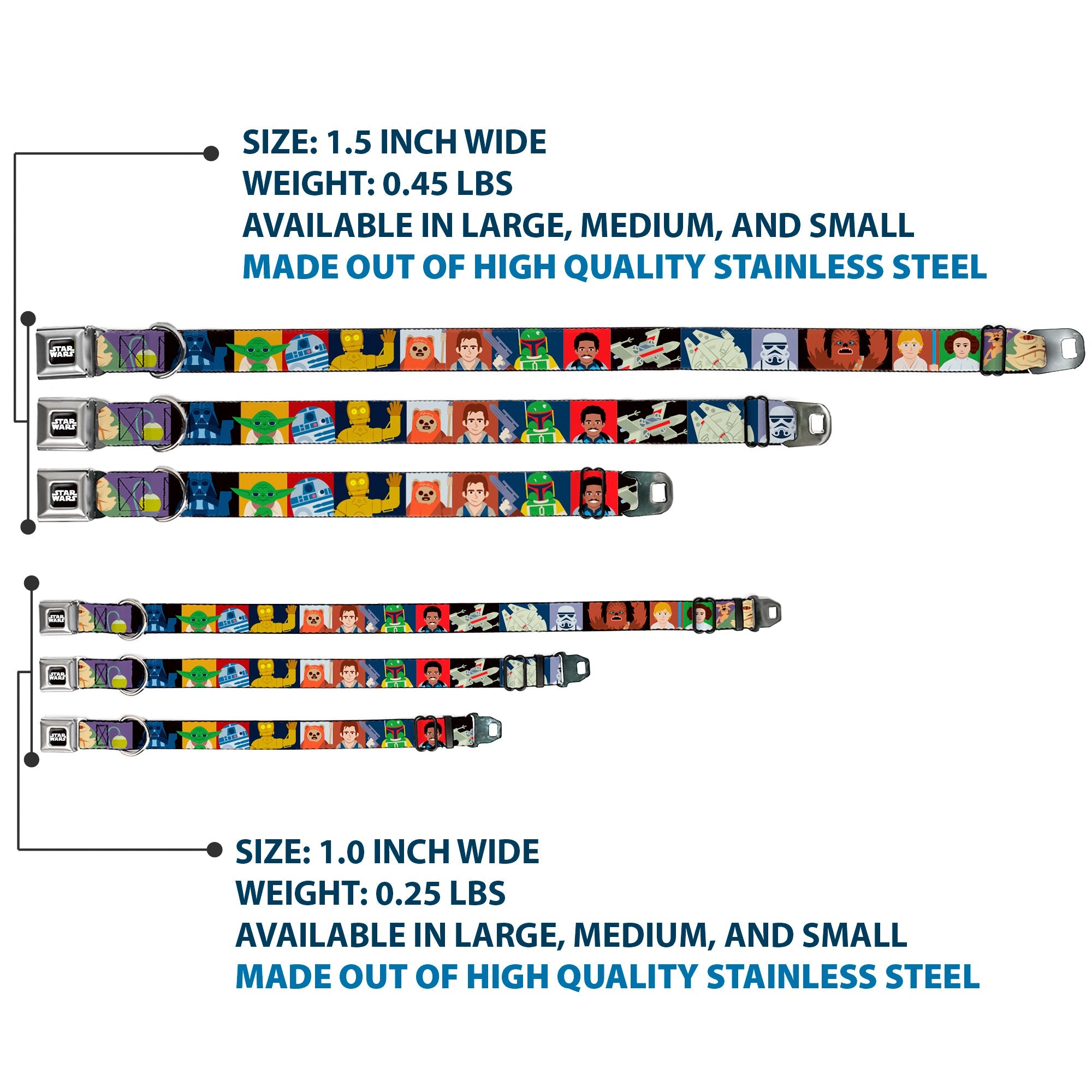 STAR WARS Logo Full Color Black/White Seatbelt Buckle Collar - Star Wars Classic 16-Character Pose Blocks Multi Color