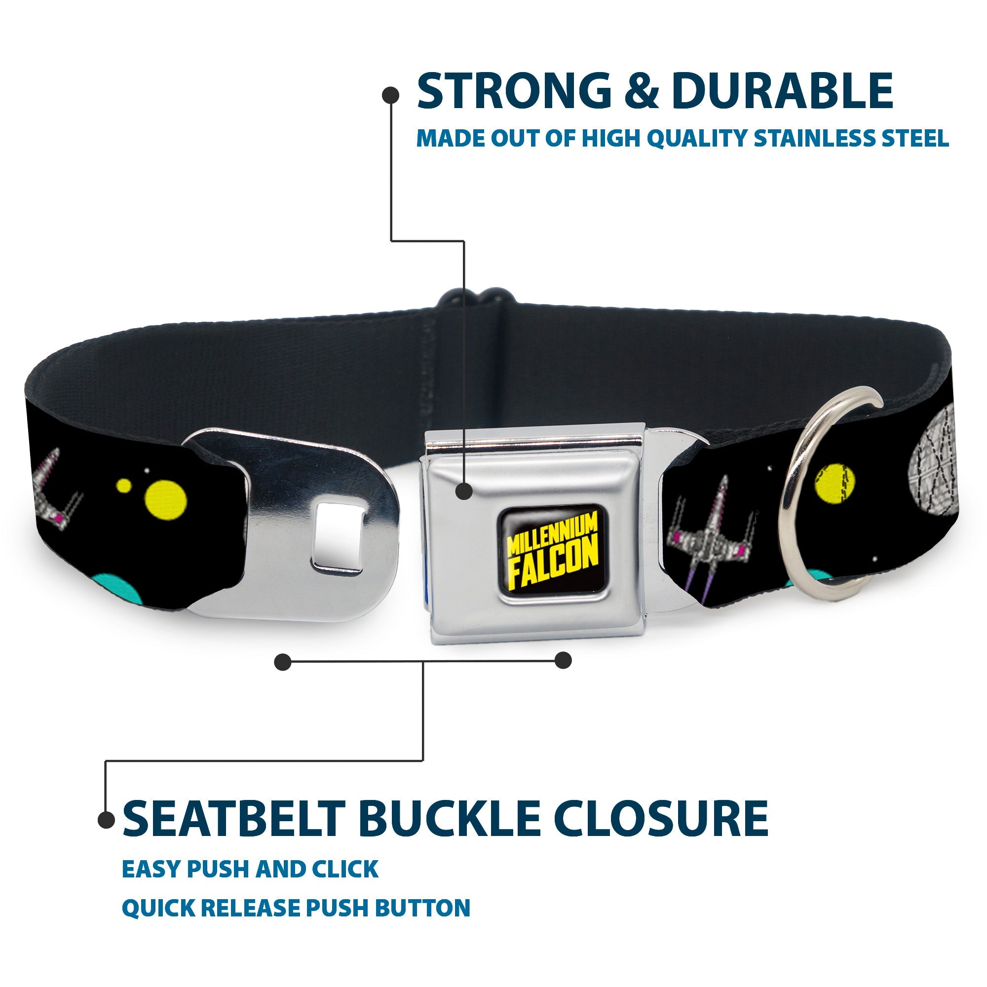 Star Wars MILLINNIUM FALCON Text Full Color Black/Yellow Seatbelt Buckle Collar - Star Wars Death Star Millennium Falcon and X-Wing Fighter in Space Black