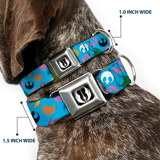 Star Wars Jedi Order Icon Full Color Black/White Seatbelt Buckle Collar - Star Wars Jedi Order and Rebel Alliance Icons Scattered Blue/Multi Color