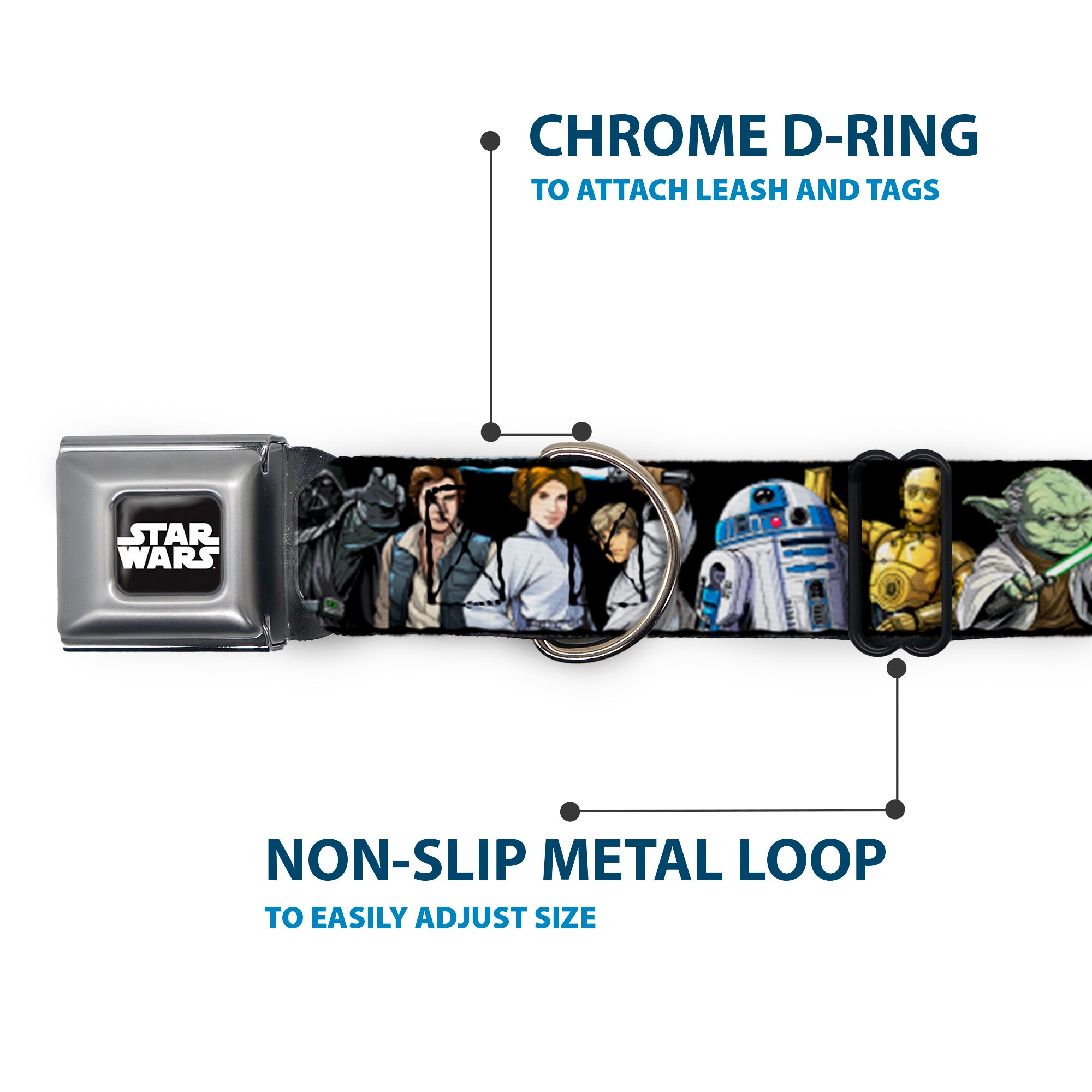 STAR WARS Logo Full Color Black/White Seatbelt Buckle Collar - Star Wars Classic Character Poses Black