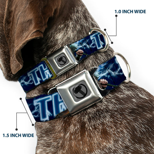 Thor Avengers Icon Silver/Black Seatbelt Buckle Collar - Avengers THOR Hammer/Action Pose Galaxy Blues/White