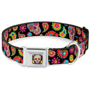 Sugar Skull Starburst Full Color Black/Multi Color Seatbelt Buckle Collar - Bobo Sugar Skull/Paisley Black/Multi Color