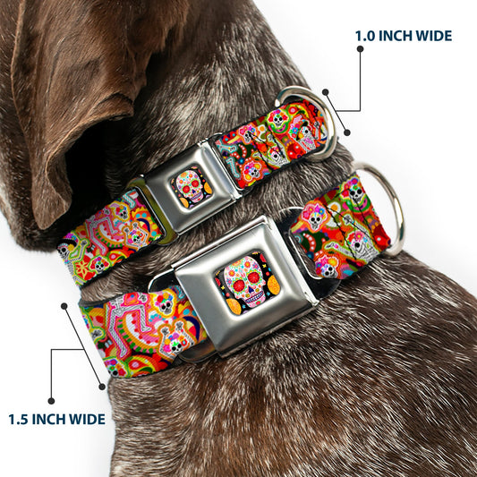 Sugar Skull Starburst Full Color Black/Multi Color Seatbelt Buckle Collar - Dancing Catrinas Collage Multi Color