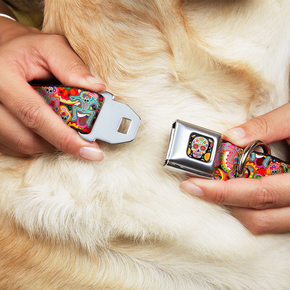Sugar Skull Starburst Full Color Black/Multi Color Seatbelt Buckle Collar - Dancing Catrinas Collage Multi Color