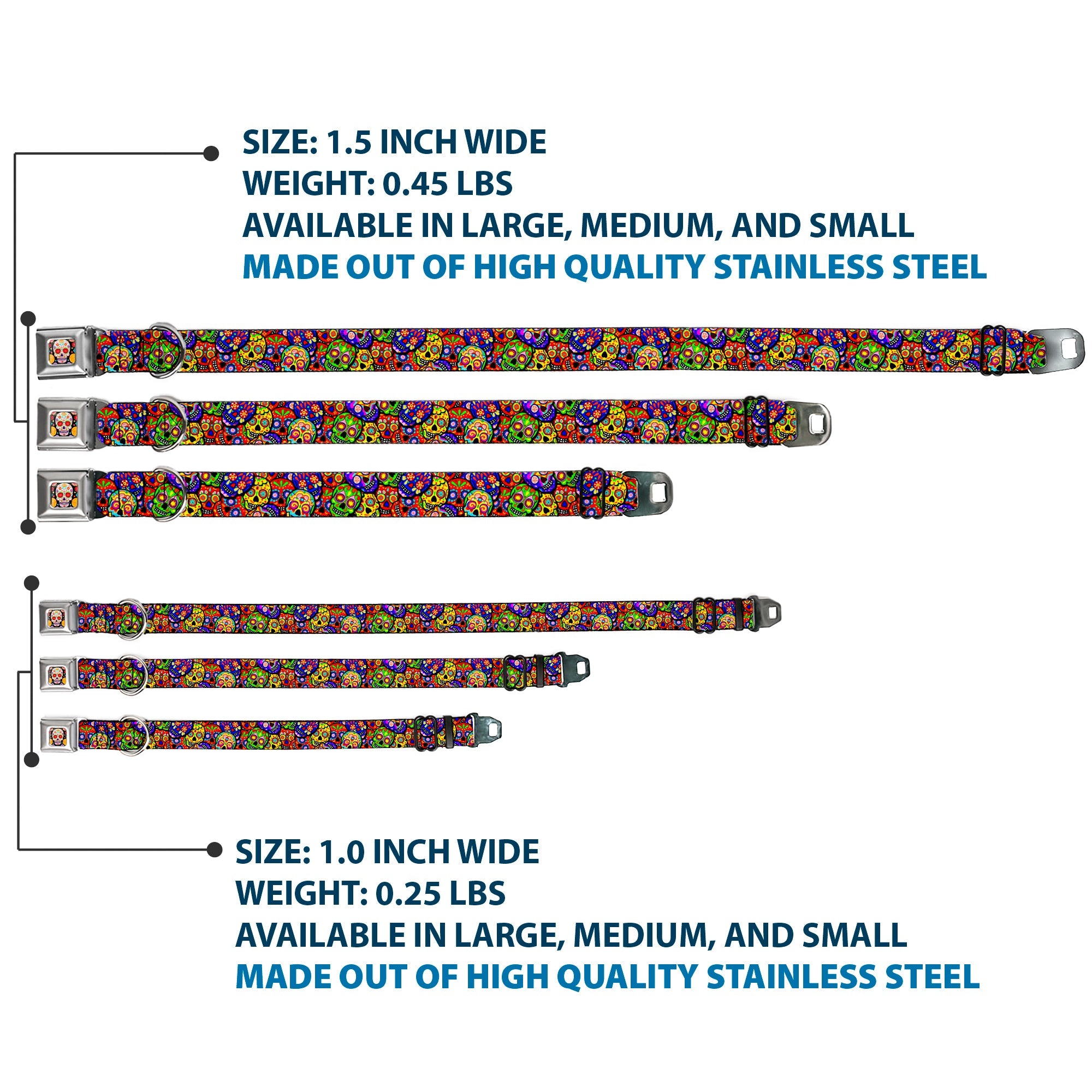 Sugar Skull Starburst Full Color Black/Multi Color Seatbelt Buckle Collar - Colorful Calaveras Stacked Multi Color