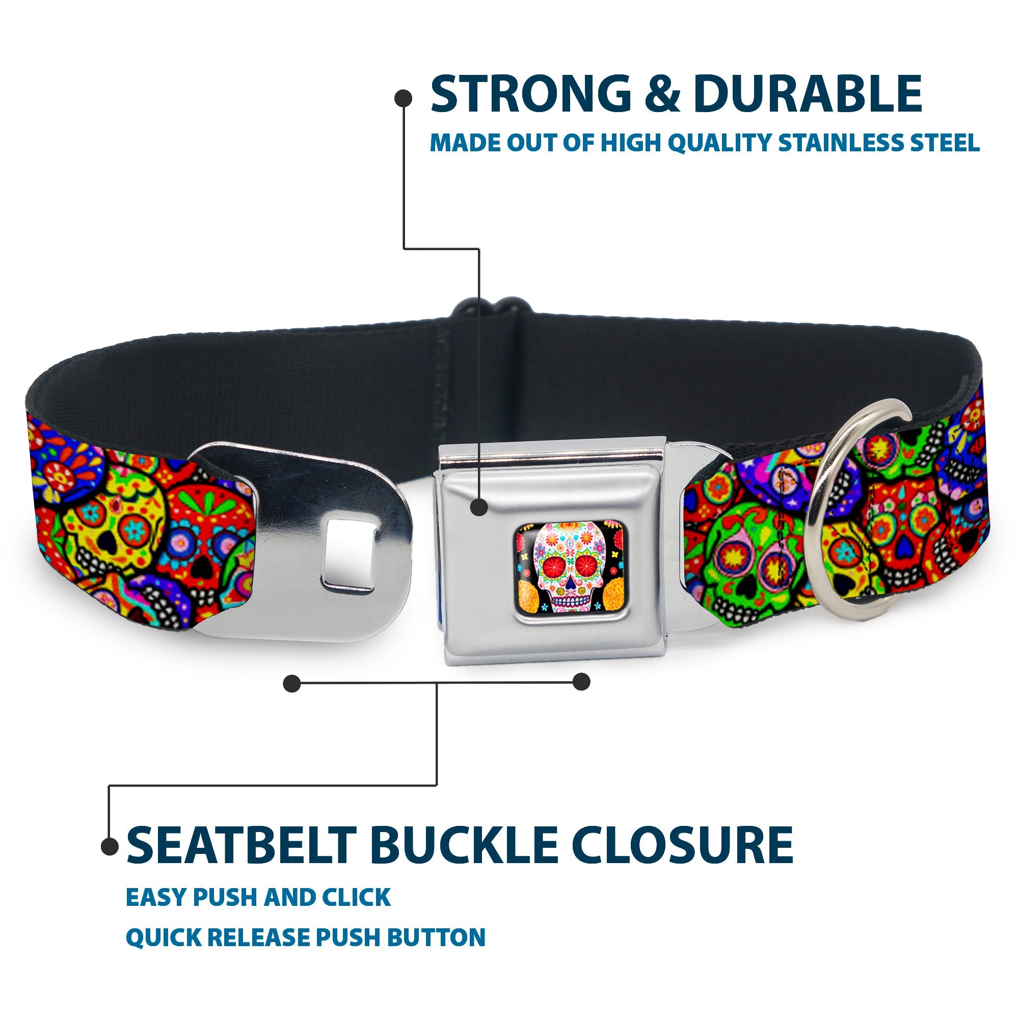 Sugar Skull Starburst Full Color Black/Multi Color Seatbelt Buckle Collar - Colorful Calaveras Stacked Multi Color