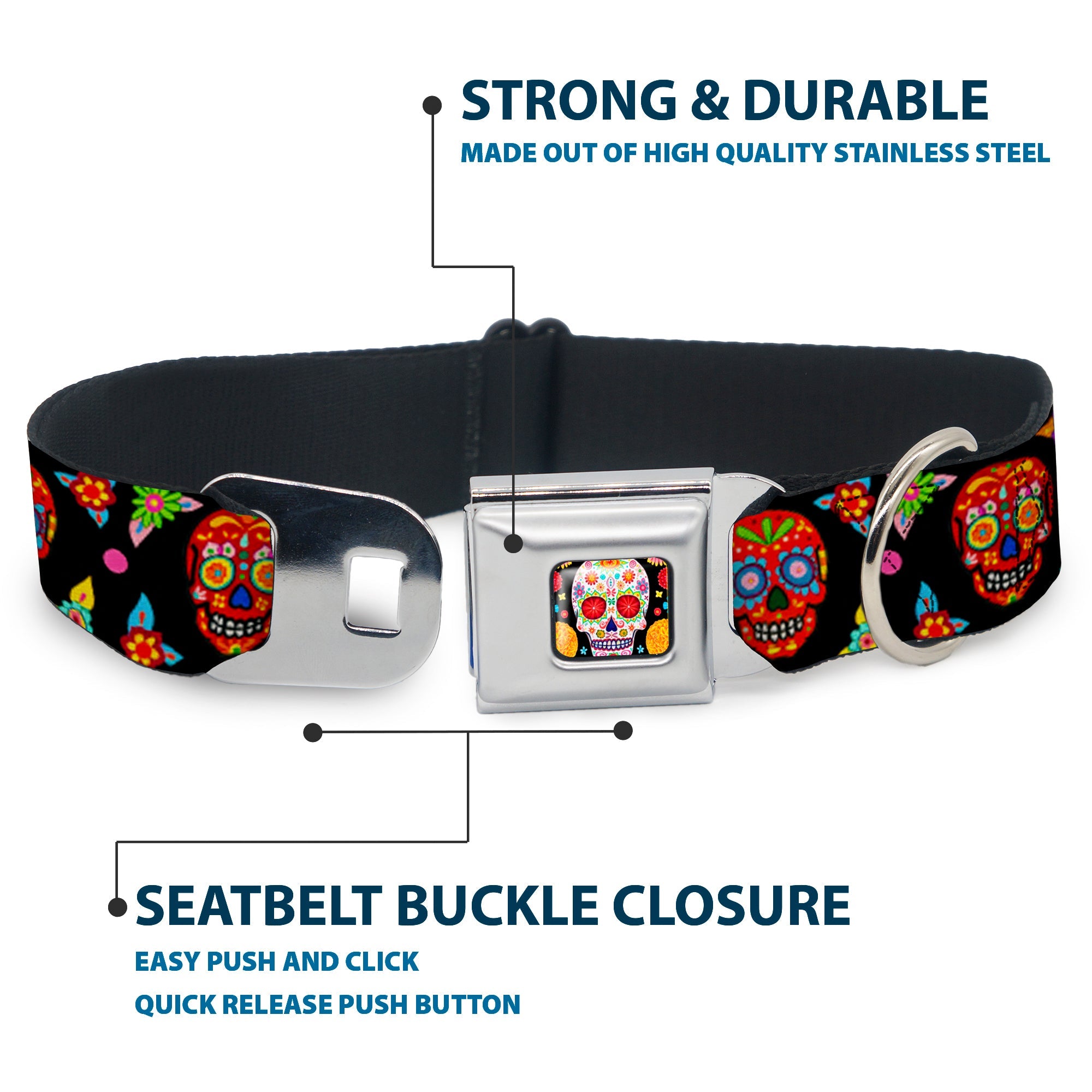 Sugar Skull Starburst Full Color Black/Multi Color Seatbelt Buckle Collar - Colorful Calaveras Black/Multi Color