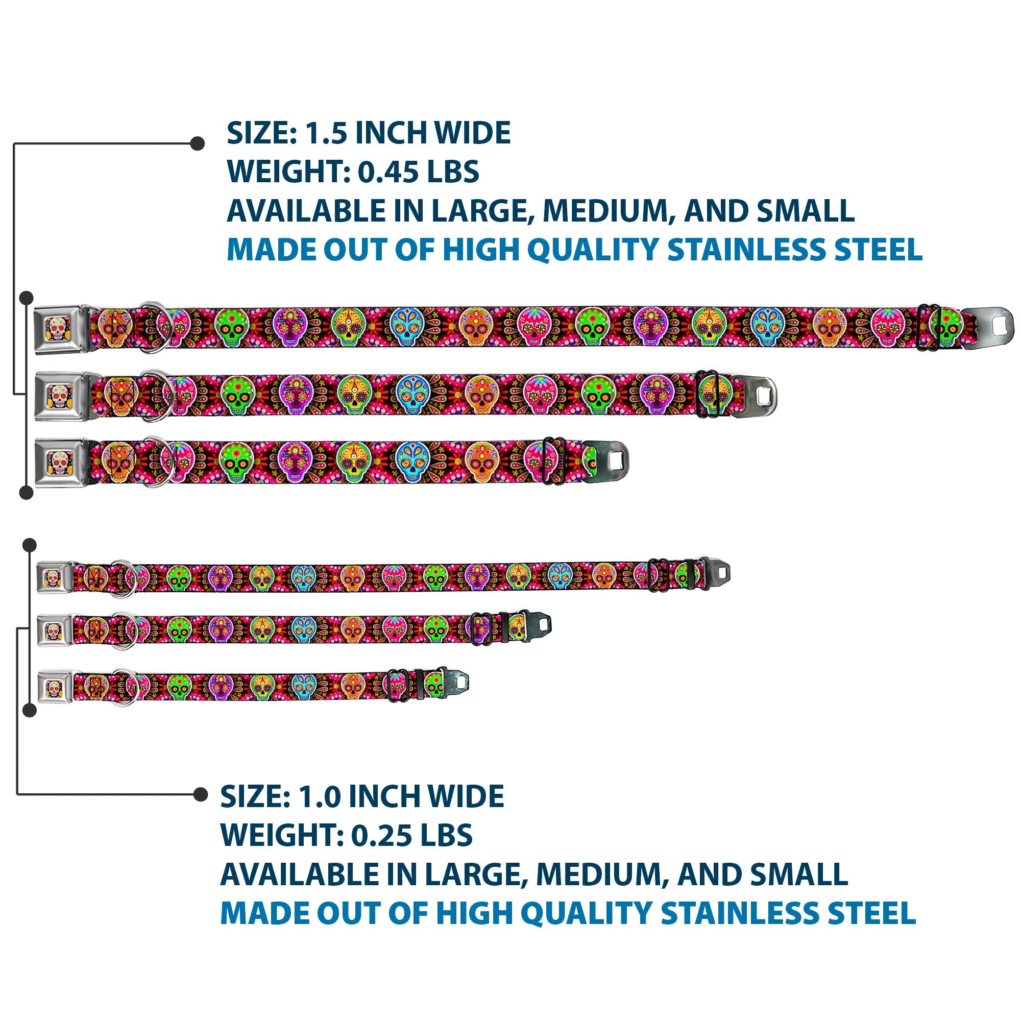 Sugar Skull Starburst Full Color Black/Multi Color Seatbelt Buckle Collar - Six Sugar Skulls Multi Color