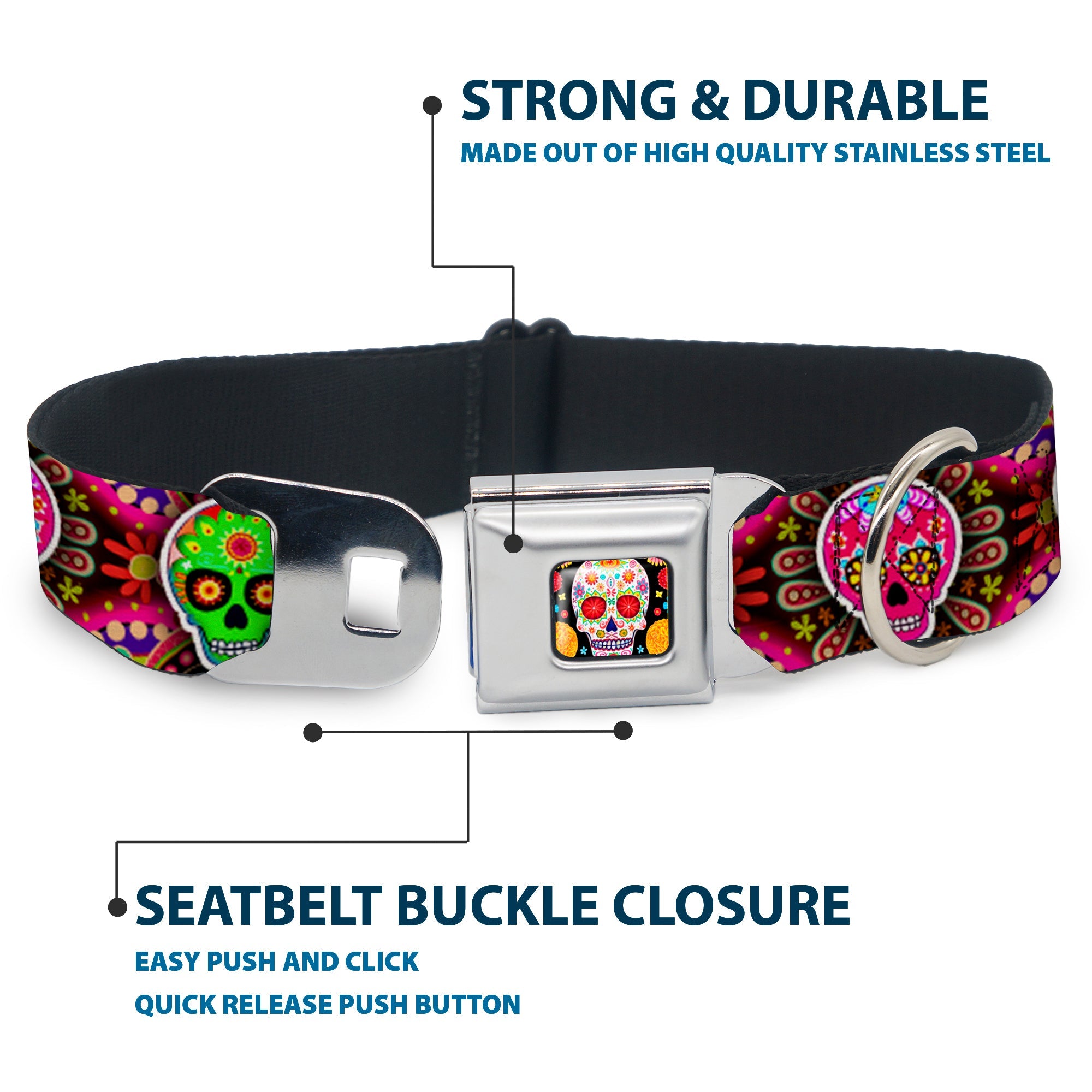 Sugar Skull Starburst Full Color Black/Multi Color Seatbelt Buckle Collar - Six Sugar Skulls Multi Color