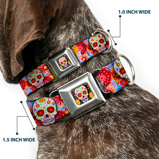 Sugar Skull Starburst Full Color Black/Multi Color Seatbelt Buckle Collar - Sugar Skull Starburst White/Multi Color
