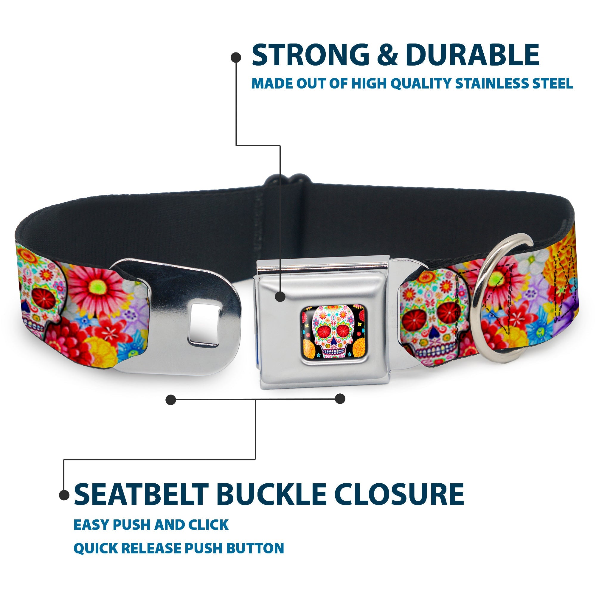 Sugar Skull Starburst Full Color Black/Multi Color Seatbelt Buckle Collar - Sugar Skull Starburst White/Multi Color