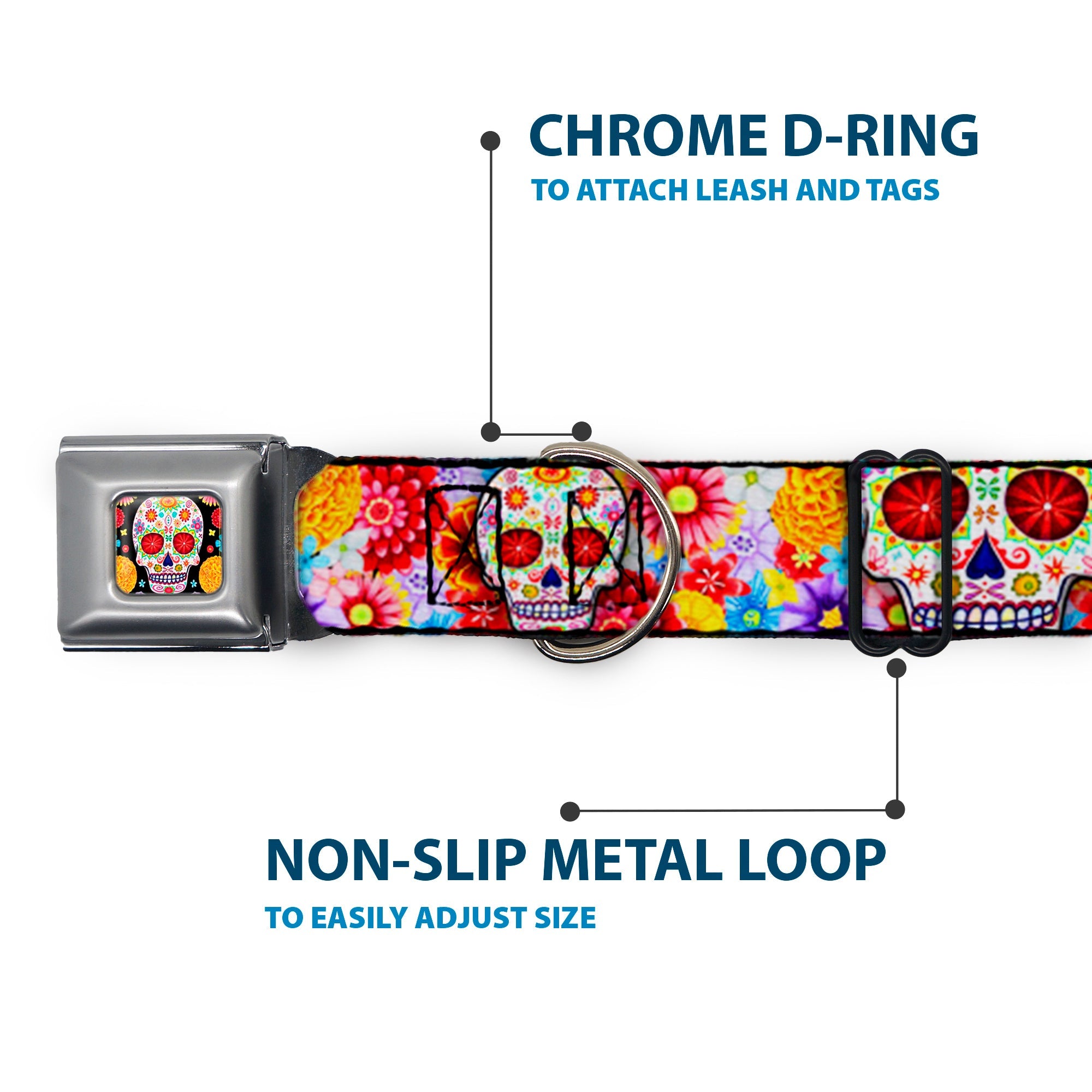 Sugar Skull Starburst Full Color Black/Multi Color Seatbelt Buckle Collar - Sugar Skull Starburst White/Multi Color