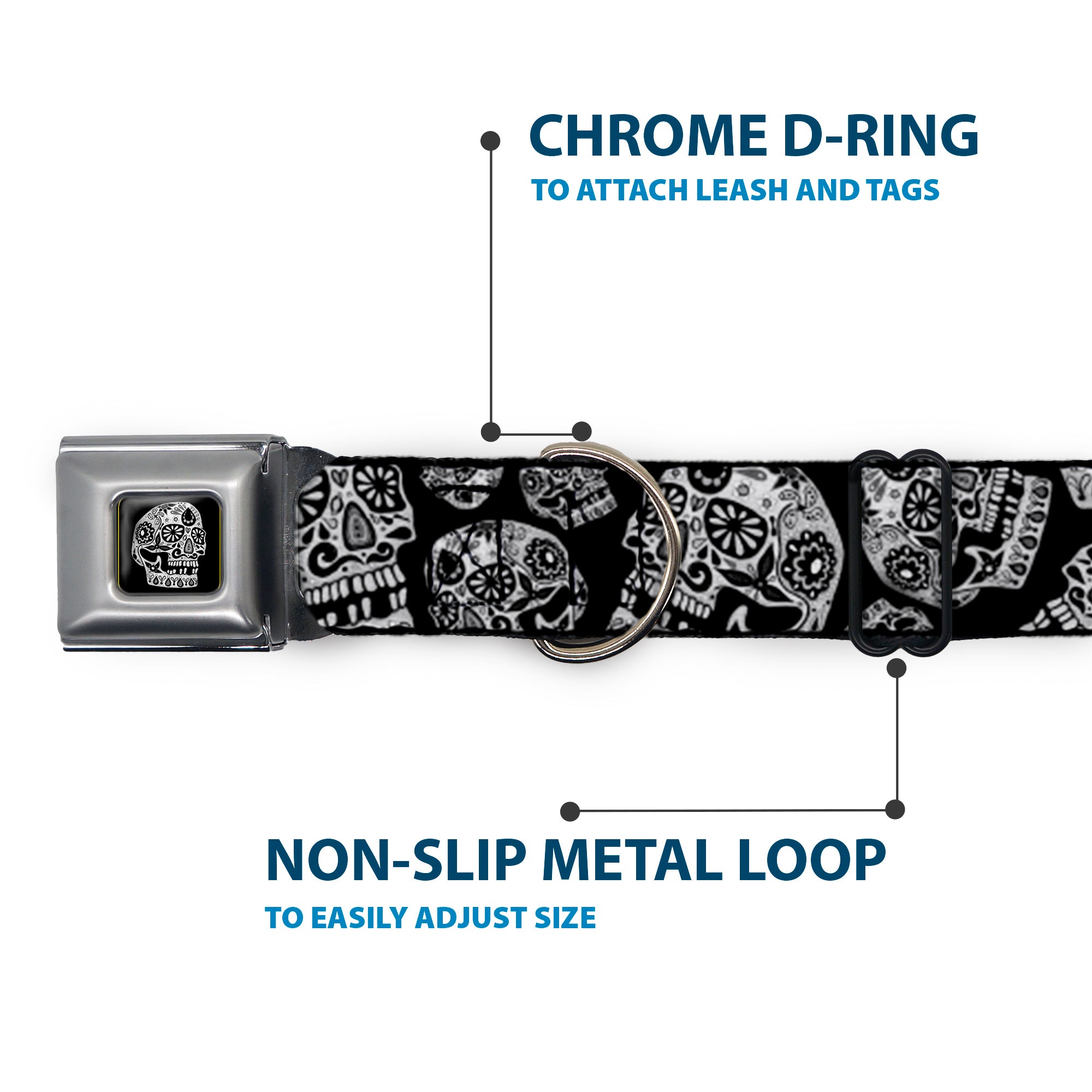 The Dust of Living II Skull Full Color Black/White Seatbelt Buckle Collar - The Dust of Living II Sugar Skulls Black/White