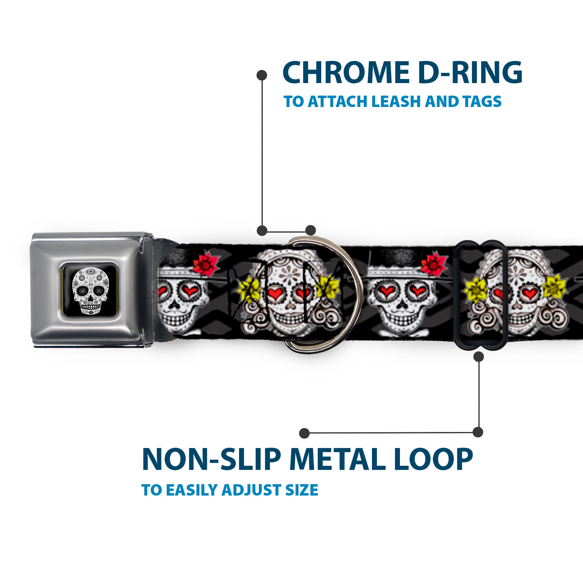 Sugar Skull Full Color Black/White/Gray Seatbelt Buckle Collar - Los Novios Black/Gray/White/Multi Color