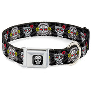 Sugar Skull Full Color Black/White/Gray Seatbelt Buckle Collar - Los Novios Black/Gray/White/Multi Color