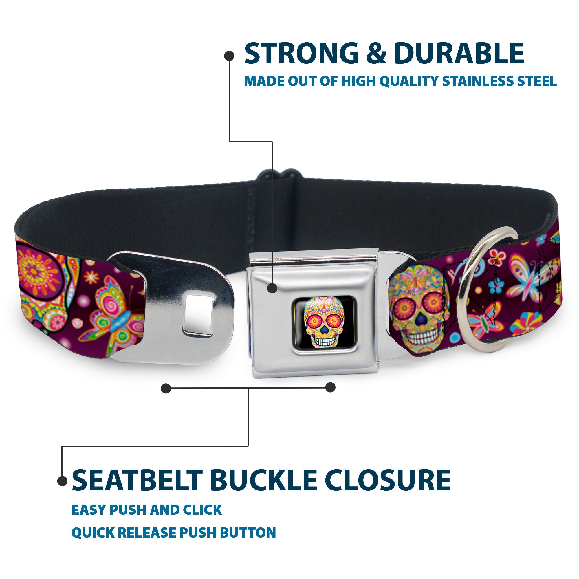 Mariposa Calavera Full Color Black/Multi Color Seatbelt Buckle Collar - Mariposa Calaveras/Butterflies/Flowers Burgundy/Multi Color