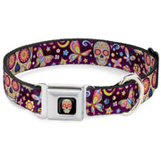 Mariposa Calavera Full Color Black/Multi Color Seatbelt Buckle Collar - Mariposa Calaveras/Butterflies/Flowers Burgundy/Multi Color