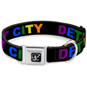 Spirit of Detroit Logo Full Color Black/White Seatbelt Buckle Collar - DETROIT CITY Text Black/Rainbow