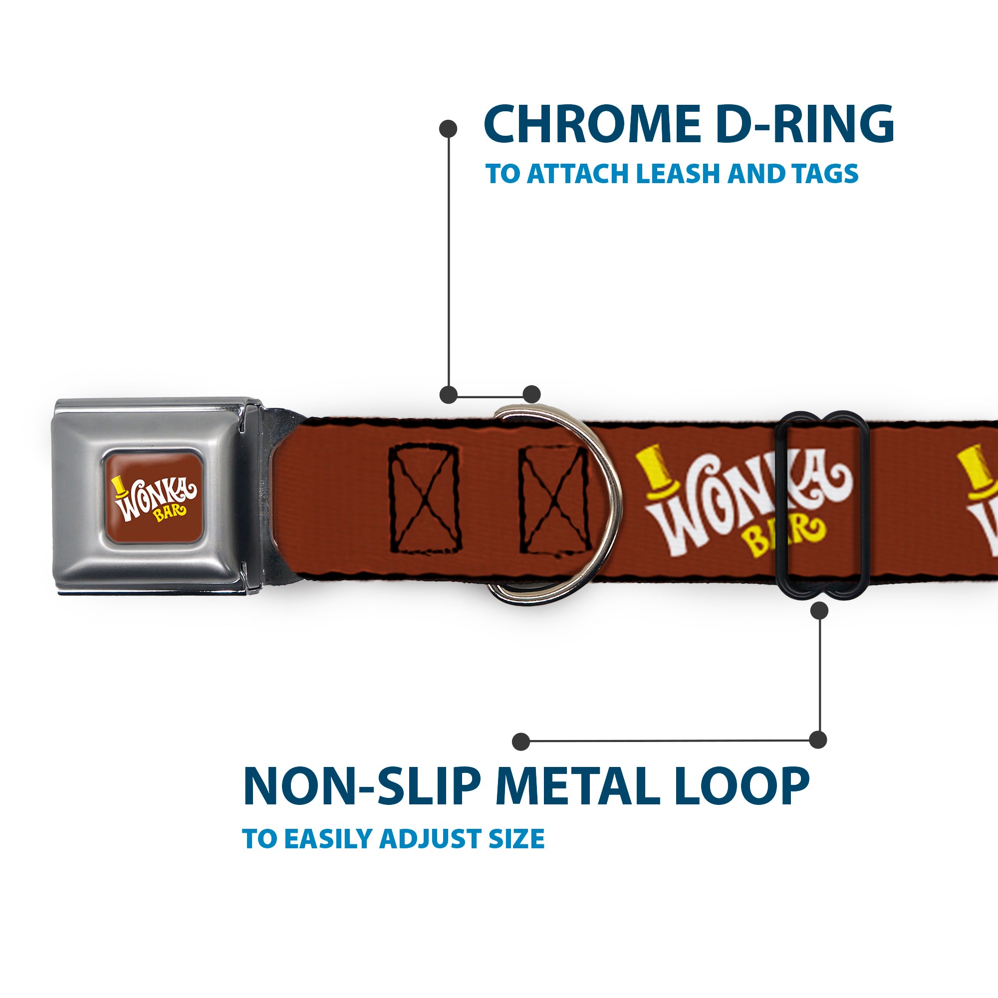Willy Wonka and the Chocolate Factory WONKA BAR Logo Full Color Brown/Yellow/White Seatbelt Buckle Collar - Willy Wonka and the Chocolate Factory WONKA BAR Logo Brown/Yellow/White
