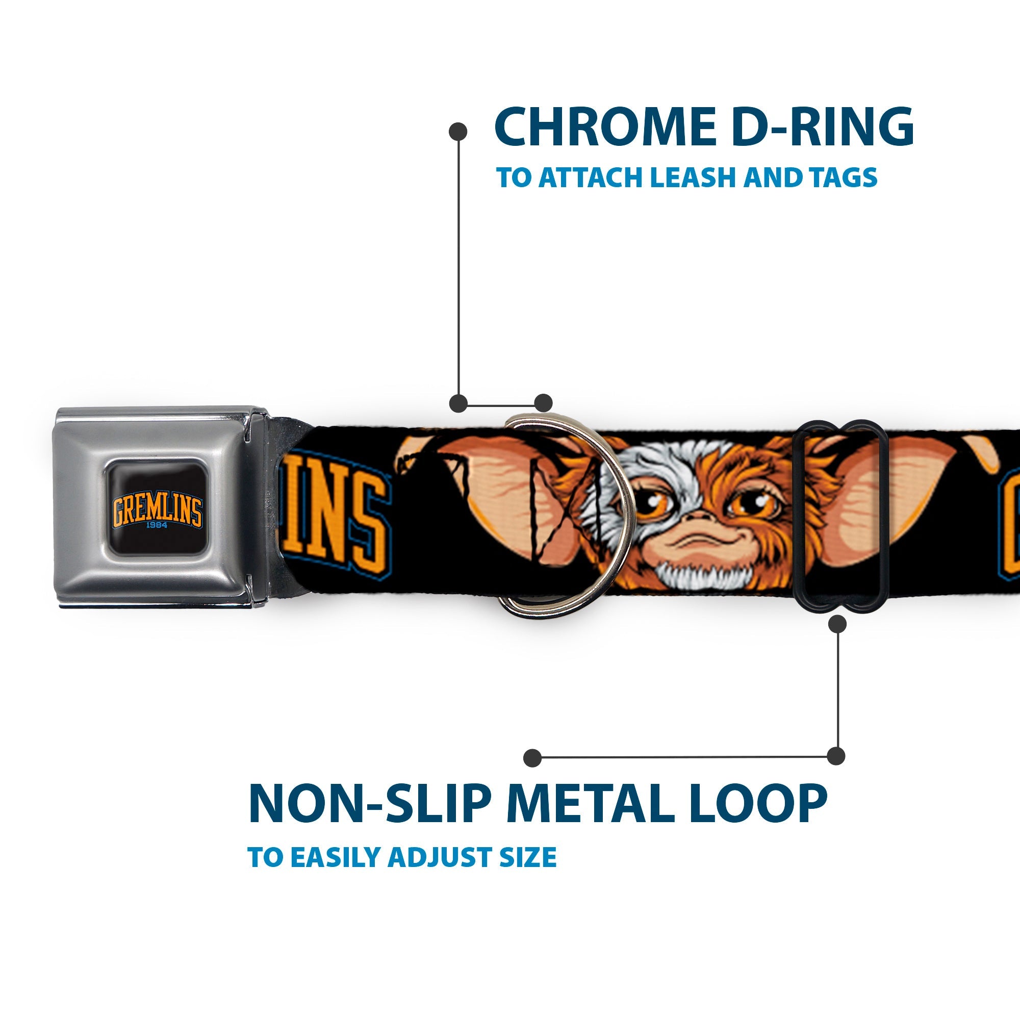 GREMLINS 1984 Title Logo Full Color Black/Blue/Orange Seatbelt Buckle Collar - GREMLINS 1984 Gizmo Face Close-Up Black