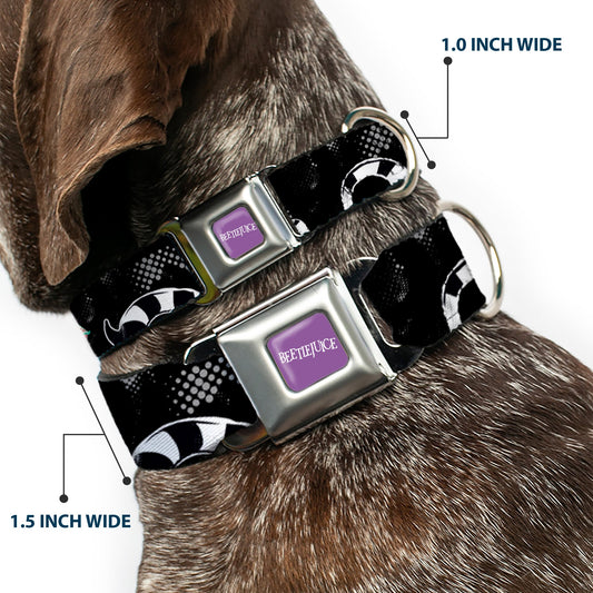 BEETLEJUICE Text Logo Full Color Purple/White Seatbelt Buckle Collar - Beetlejuice Sandworm Healftone Repeat Black/Gray
