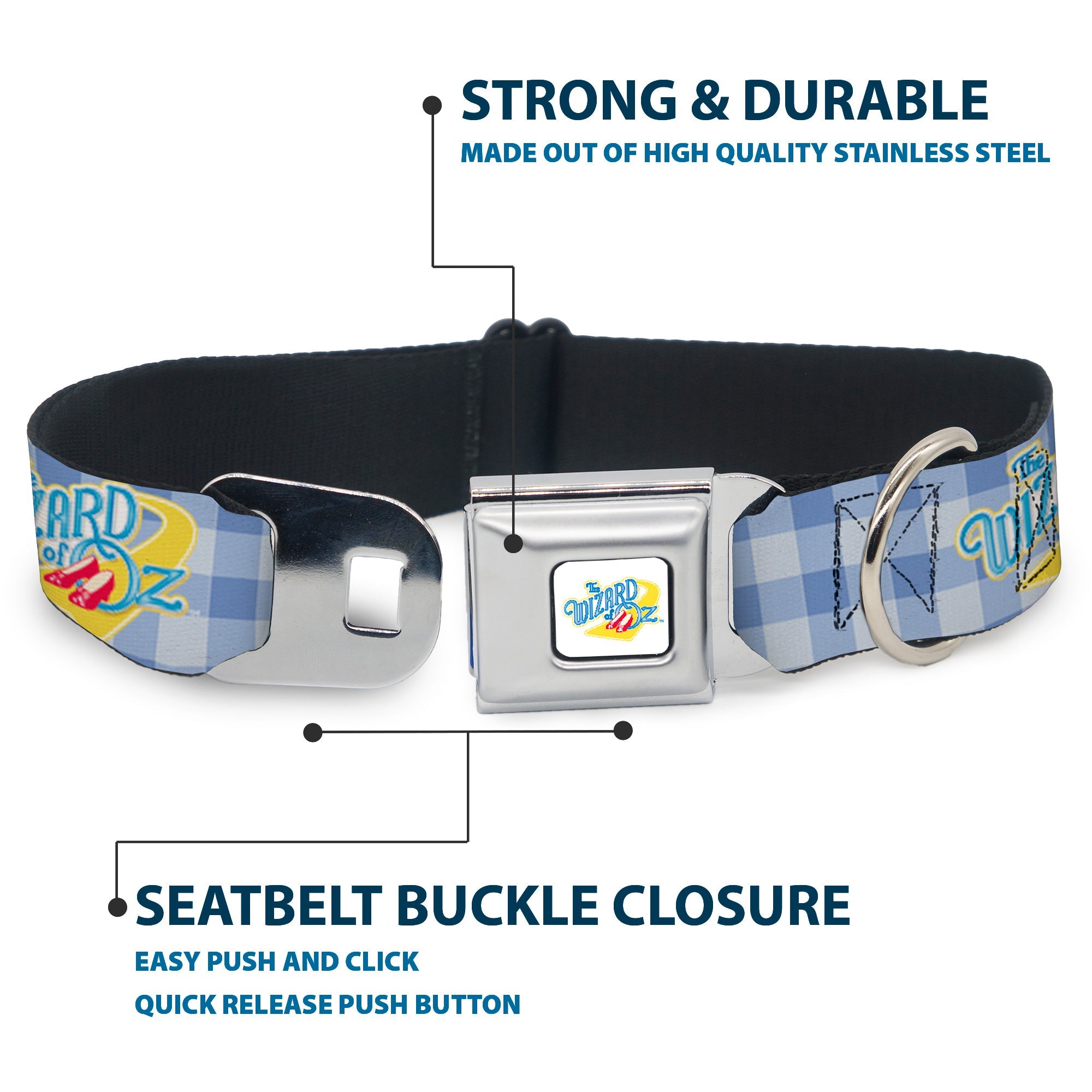 THE WIZARD OF OZ Logo Full Color White Seatbelt Buckle Collar - THE WIZARD OF OZ Logo Gingham Checker Blues