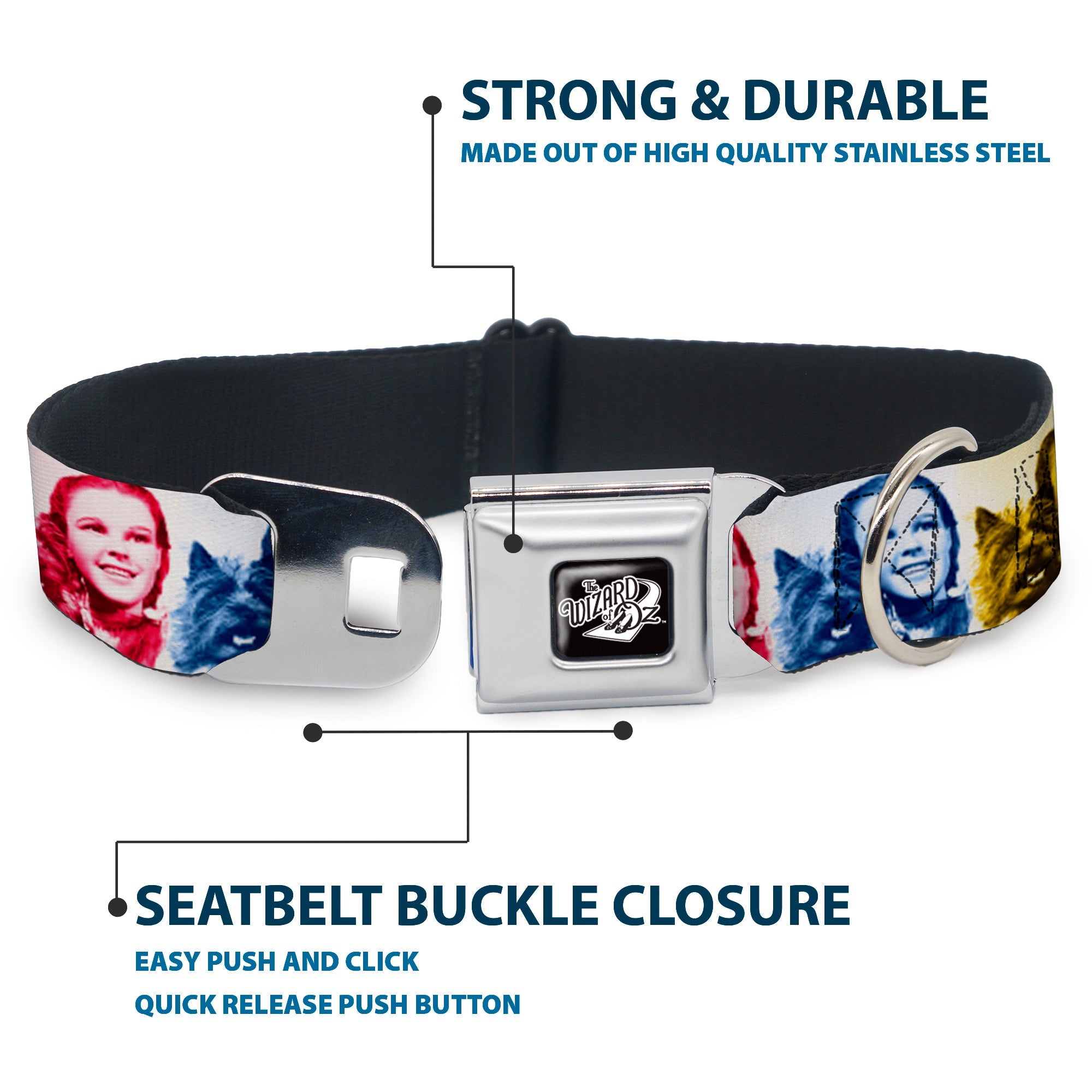 THE WIZARD OF OZ Title Logo Full Color Black/White Seatbelt Buckle Collar - The Wizard of Oz Dorothy and Toto Pose Blocks Blues/Yellows/Reds