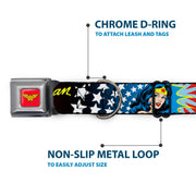 Wonder Woman Logo Full Color Red Seatbelt Buckle Collar - Wonder Woman Face w/Stars
