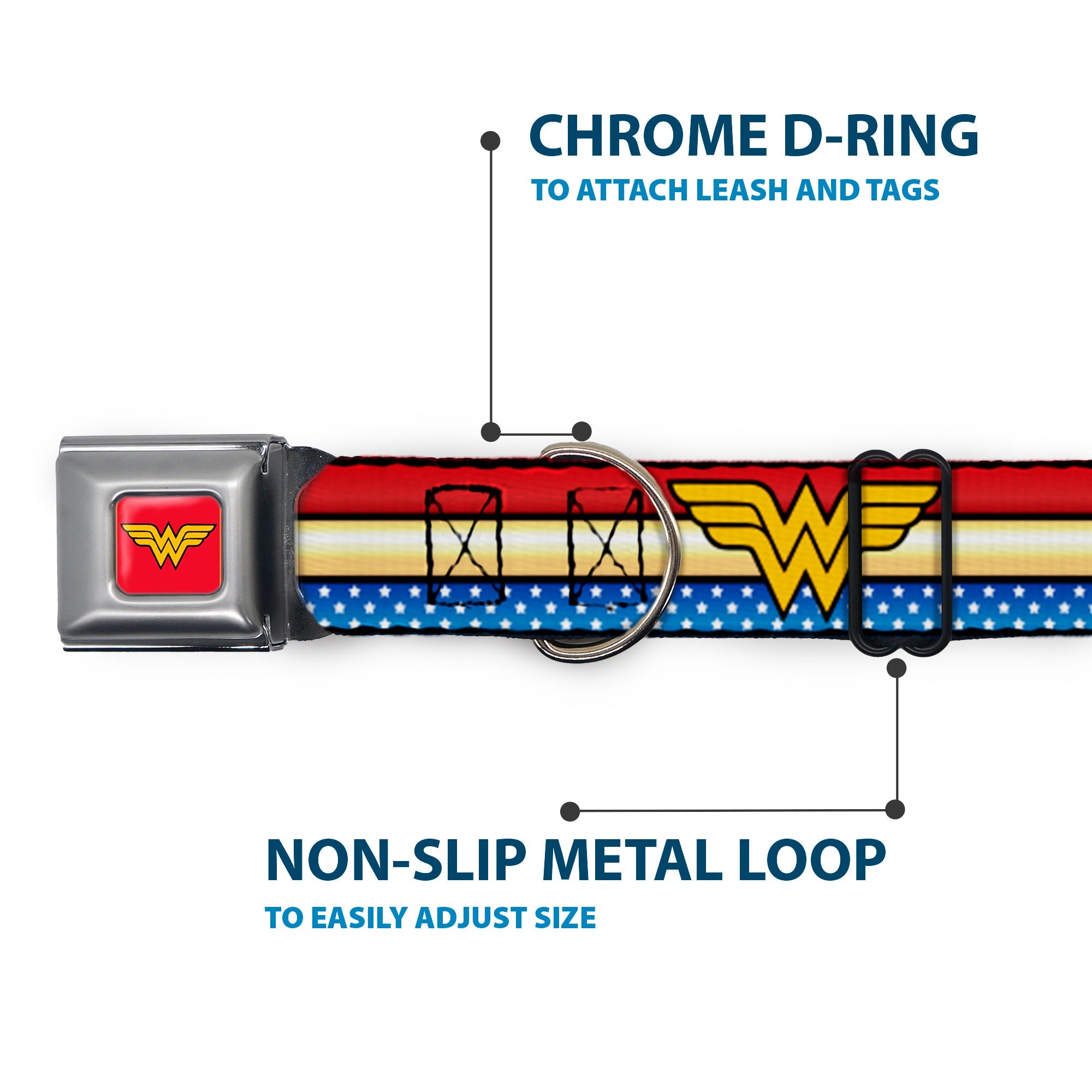 Wonder Woman Logo Full Color Red Seatbelt Buckle Collar - Wonder Woman Logo Stripe/Stars Red/Gold/Blue/White