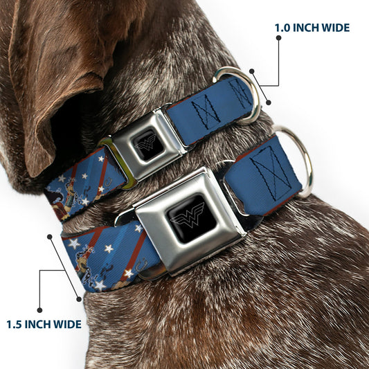 Wonder Woman Logo Black/Silver Seatbelt Buckle Collar - WONDER WOMAN/Bombshell Pose Blue/Red/White