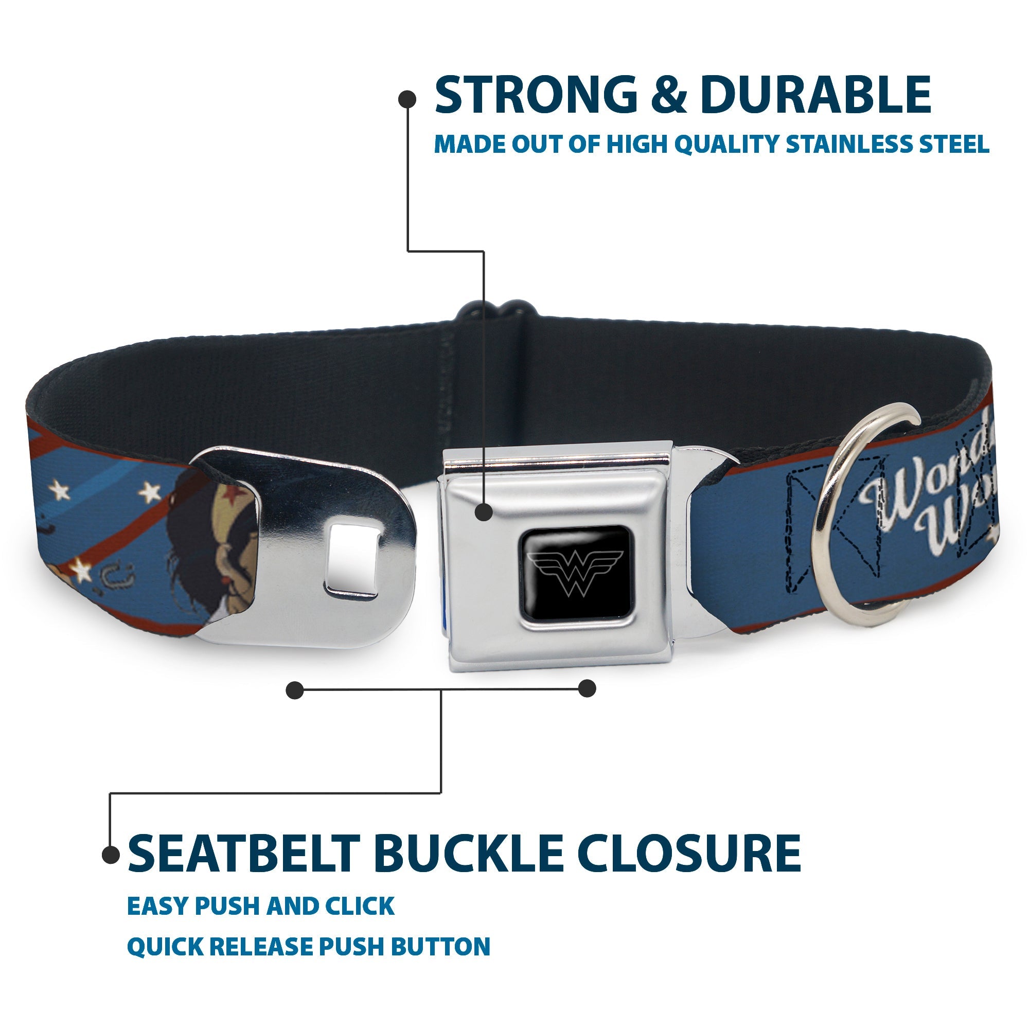 Wonder Woman Logo Black/Silver Seatbelt Buckle Collar - WONDER WOMAN/Bombshell Pose Blue/Red/White