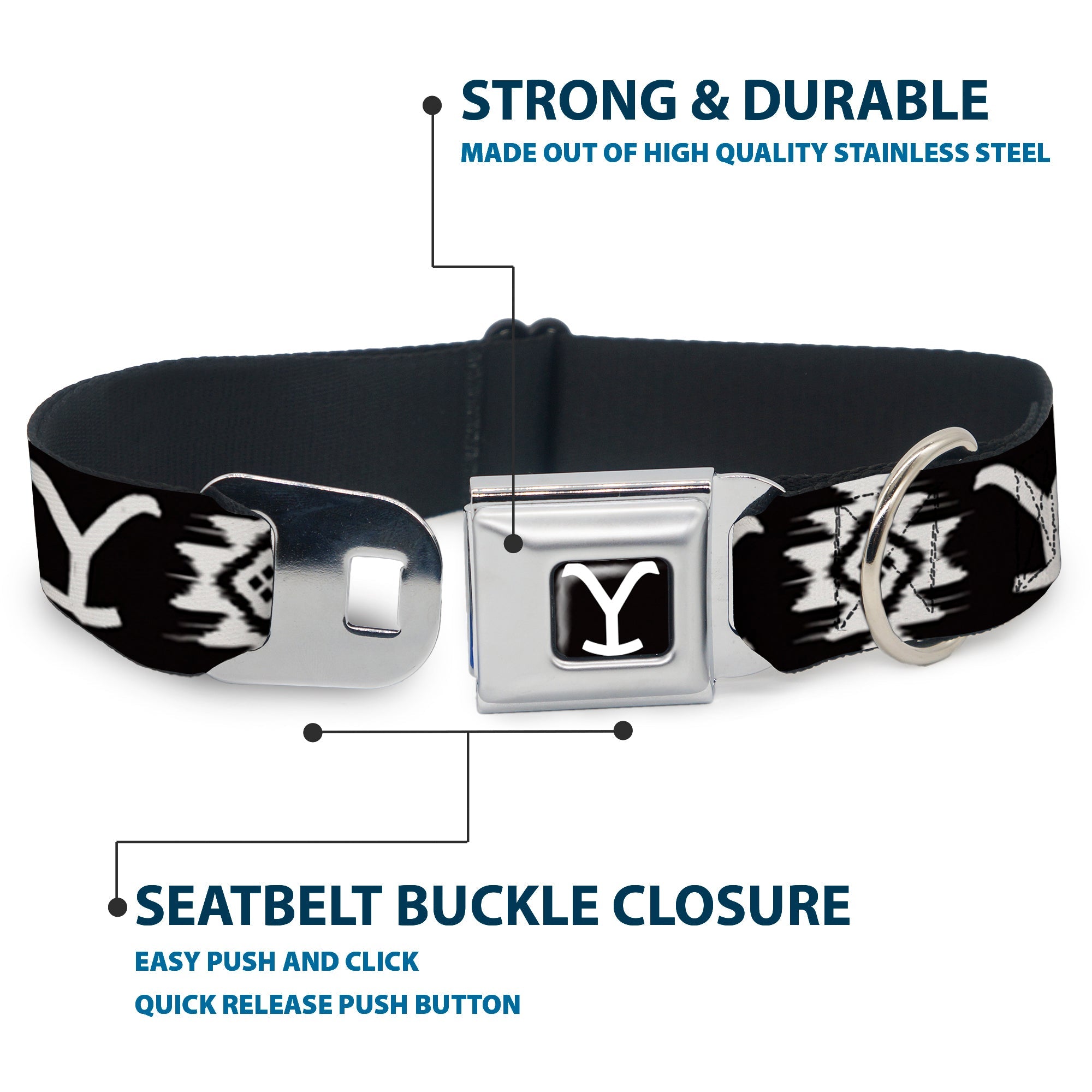 Yellowstone Y Logo Full Color Black/White Seatbelt Buckle Collar - Yellowstone Dutton Ranch and Native American Icons Black/White