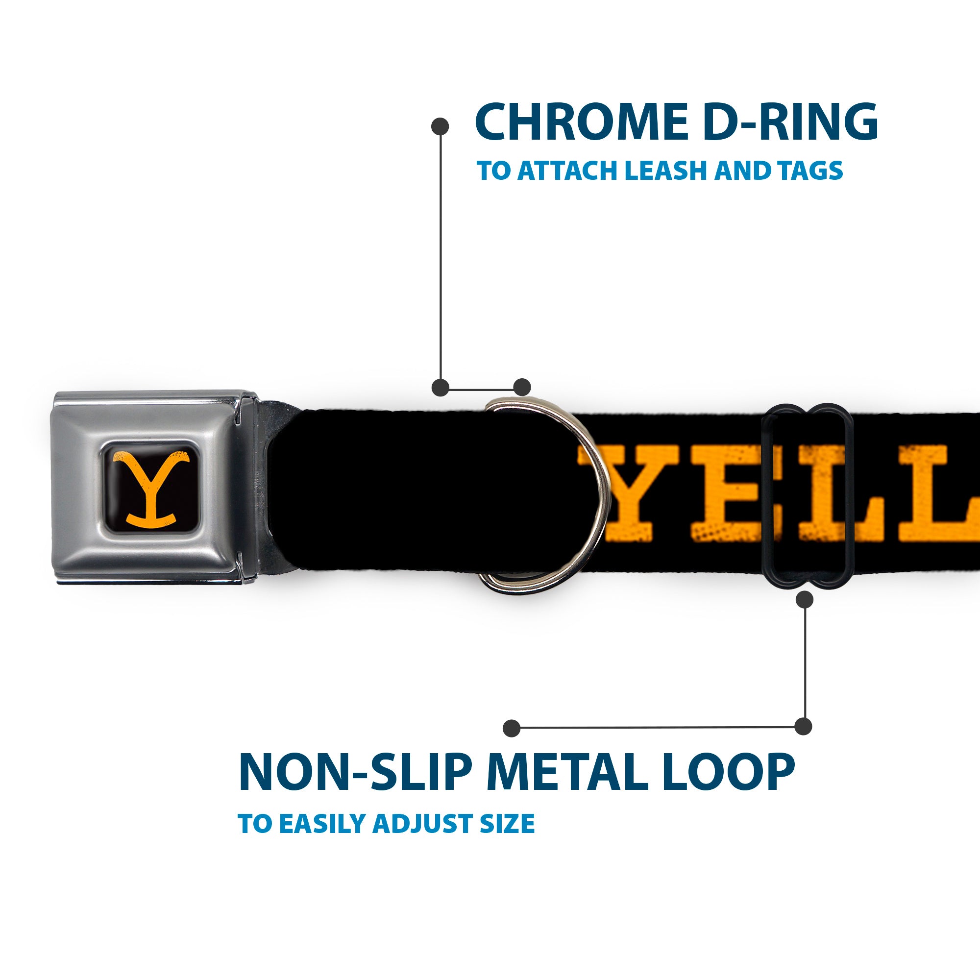 Yellowstone Y Logo Full Color Black/Orange Seatbelt Buckle Collar - YELLOWSTONE Text and Y Logo Weathered Black/Orange