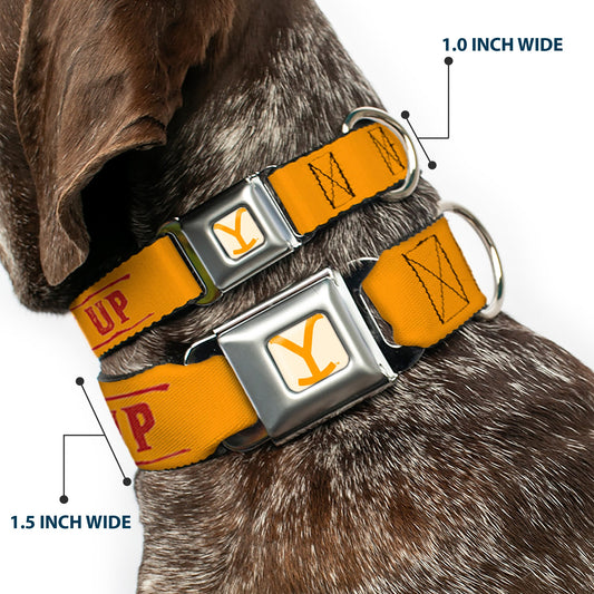 Yellowstone Y Logo Weathered Full Color White/Yellow Seatbelt Buckle Collar - Yellowstone Y Logo COWBOY UP Text Yellow/Red/White