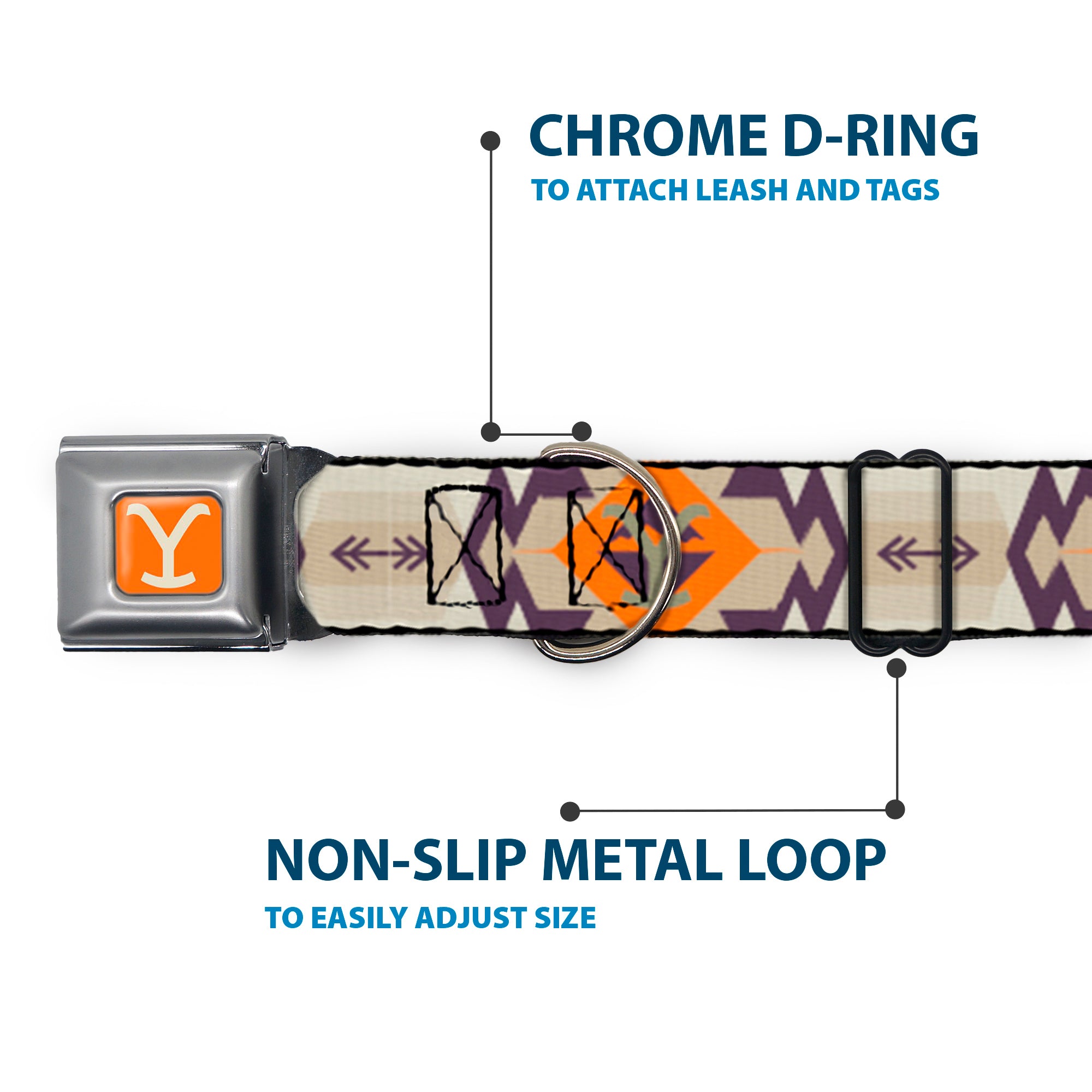 Yellowstone Y Logo Weathered Full Color Orange/Beige Seatbelt Buckle Collar - Yellowstone Y Logo Native American Tribal Tans/Blue/Orange