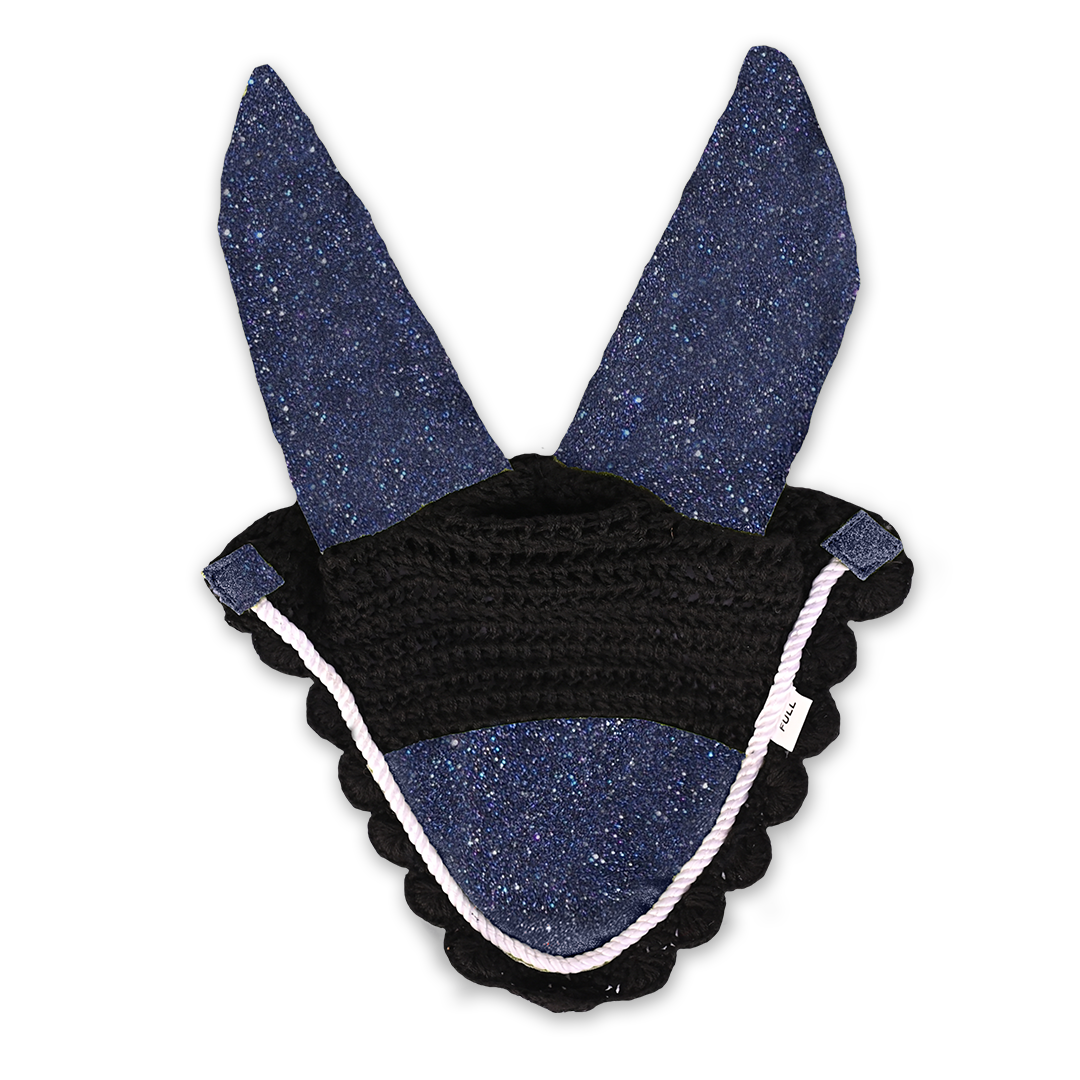 Deep Sapphire Fly Hat by Southlake Paws featuring sparkly blue ears and a black crochet base with scalloped edges.
