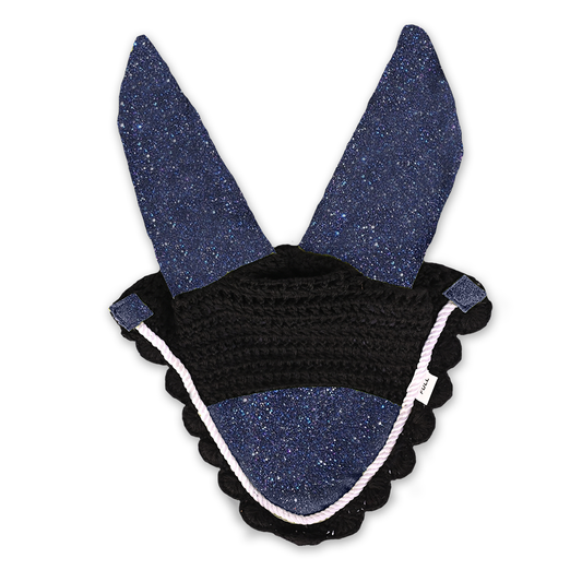 Deep Sapphire Fly Hat by Southlake Paws featuring sparkly blue ears and a black crochet base with scalloped edges.