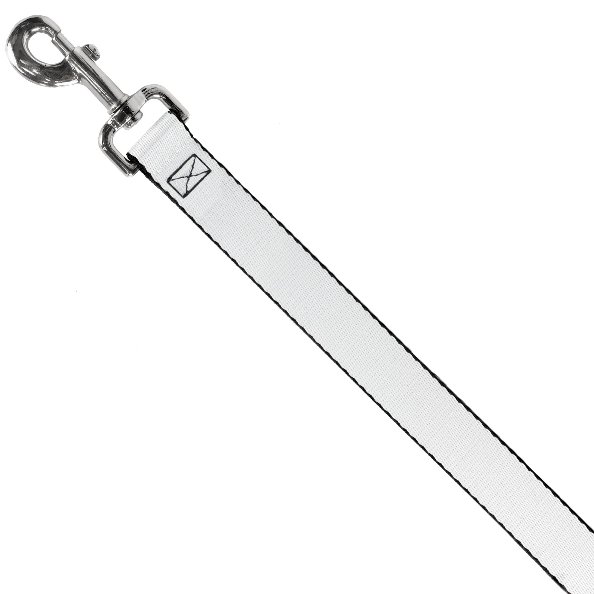 White dog leash from Southlake Paws with a silver clip and black stitching. Simple and durable design.