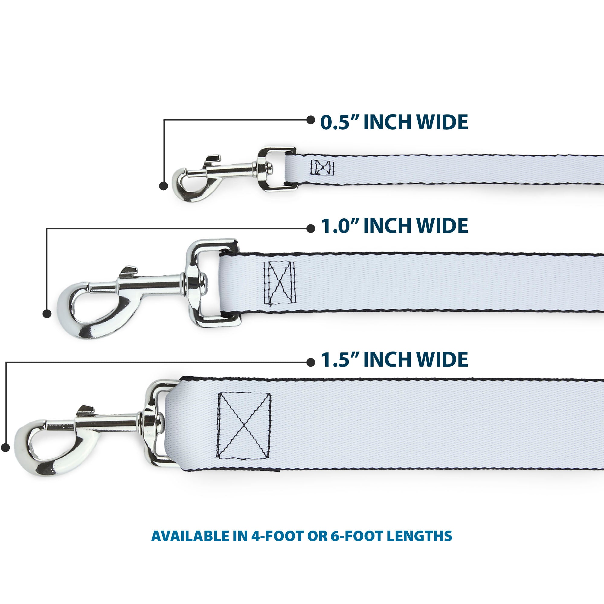 Southlake Paws Dog Leash in white, featuring different widths (0.5", 1.0") and lengths (4ft, 6ft) with metal clips.