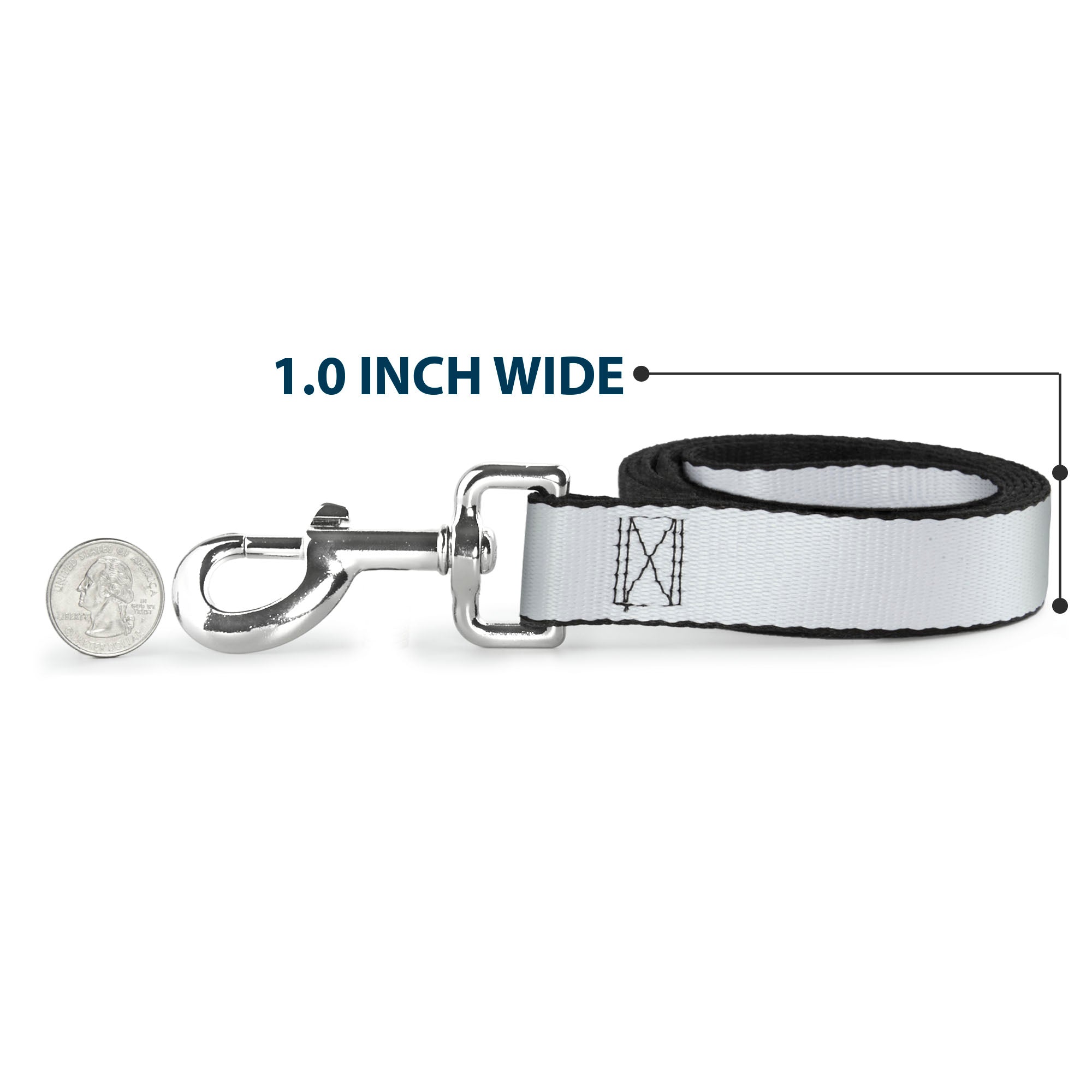 Southlake Paws Dog Leash in white, 1.0 inch wide, featuring a sturdy metal clip and a quarter for size reference.