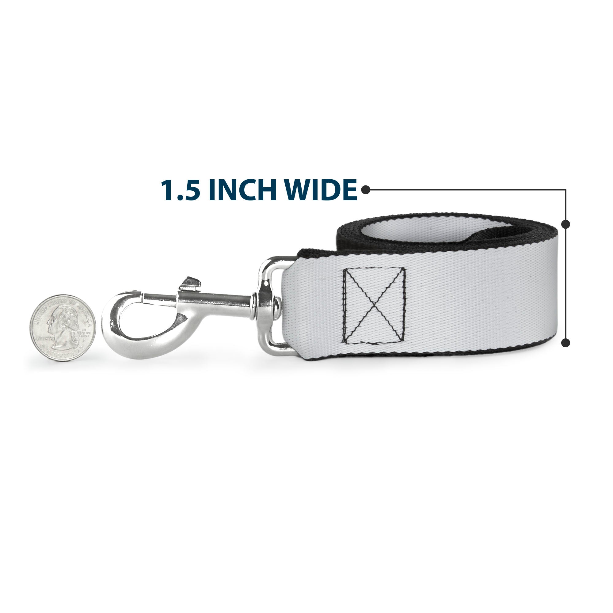 Southlake Paws dog leash in white, 1.5 inches wide, featuring a sturdy clip and a quarter for size reference.