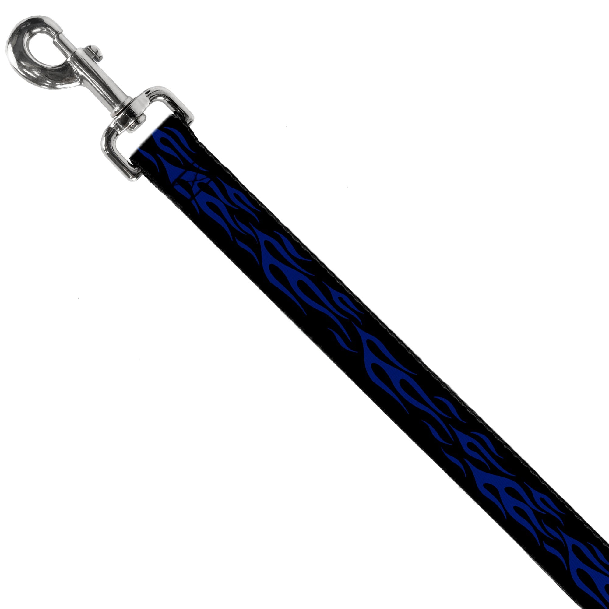 Southlake Paws Dog Leash in Flame Blue features a black strap with blue flame designs and a metal clip for attachment.