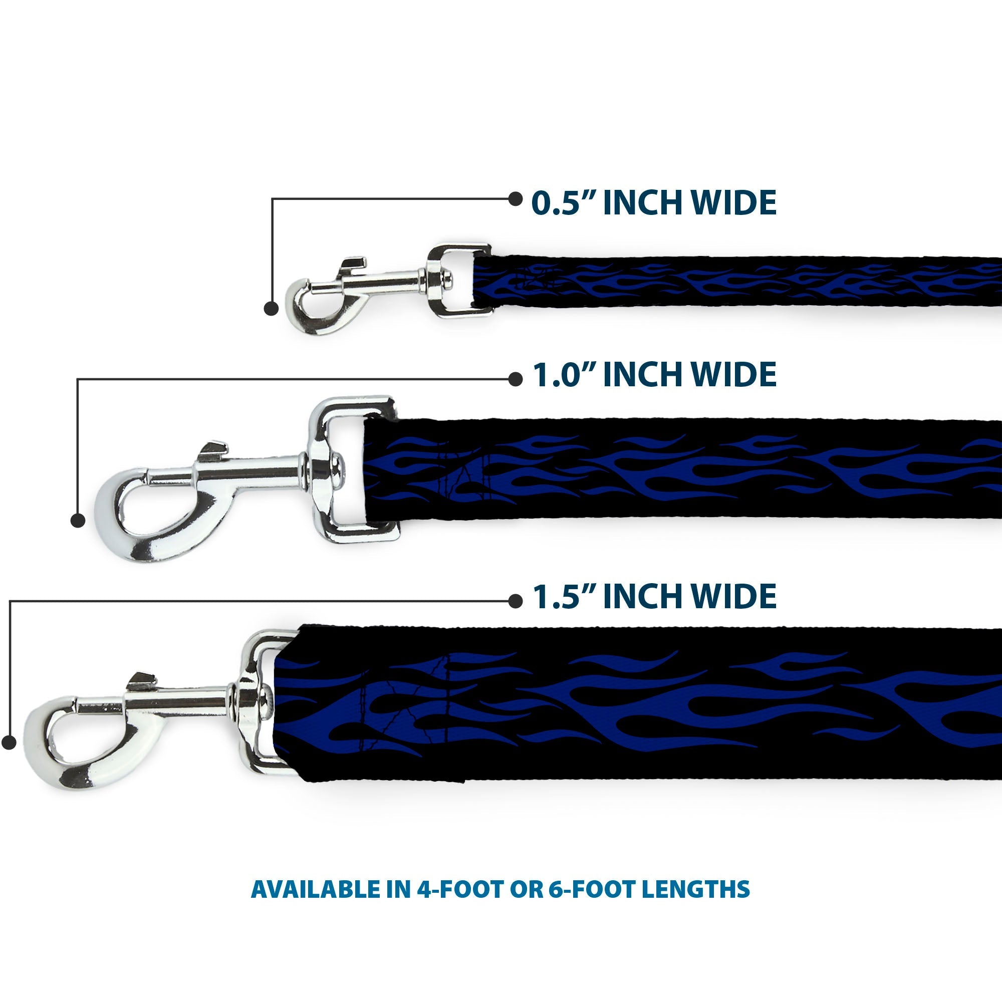 Southlake Paws Dog Leash in Flame Blue, featuring flame design, available in 0.5", 1.0", and 1.5" widths, 4 or 6-foot lengths