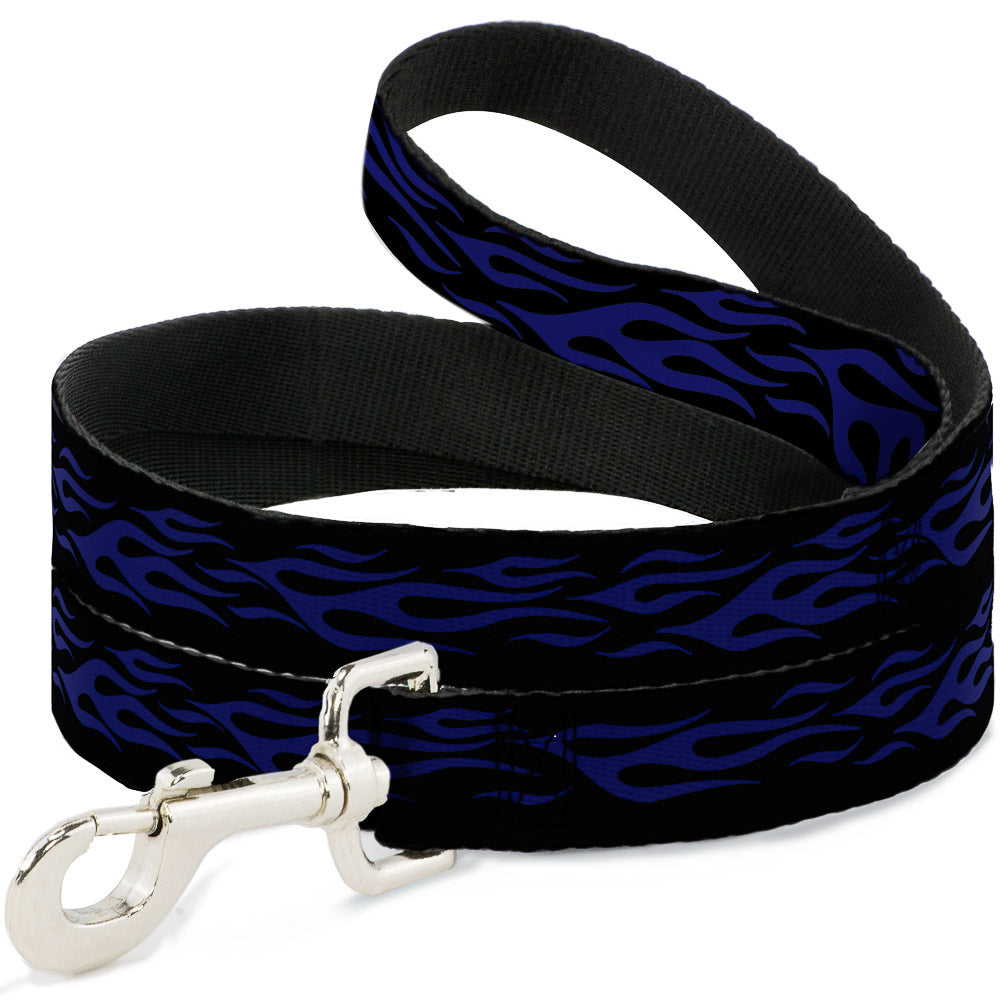 Southlake Paws Dog Leash in Flame Blue features a black base with blue flame patterns and a silver metal clip.