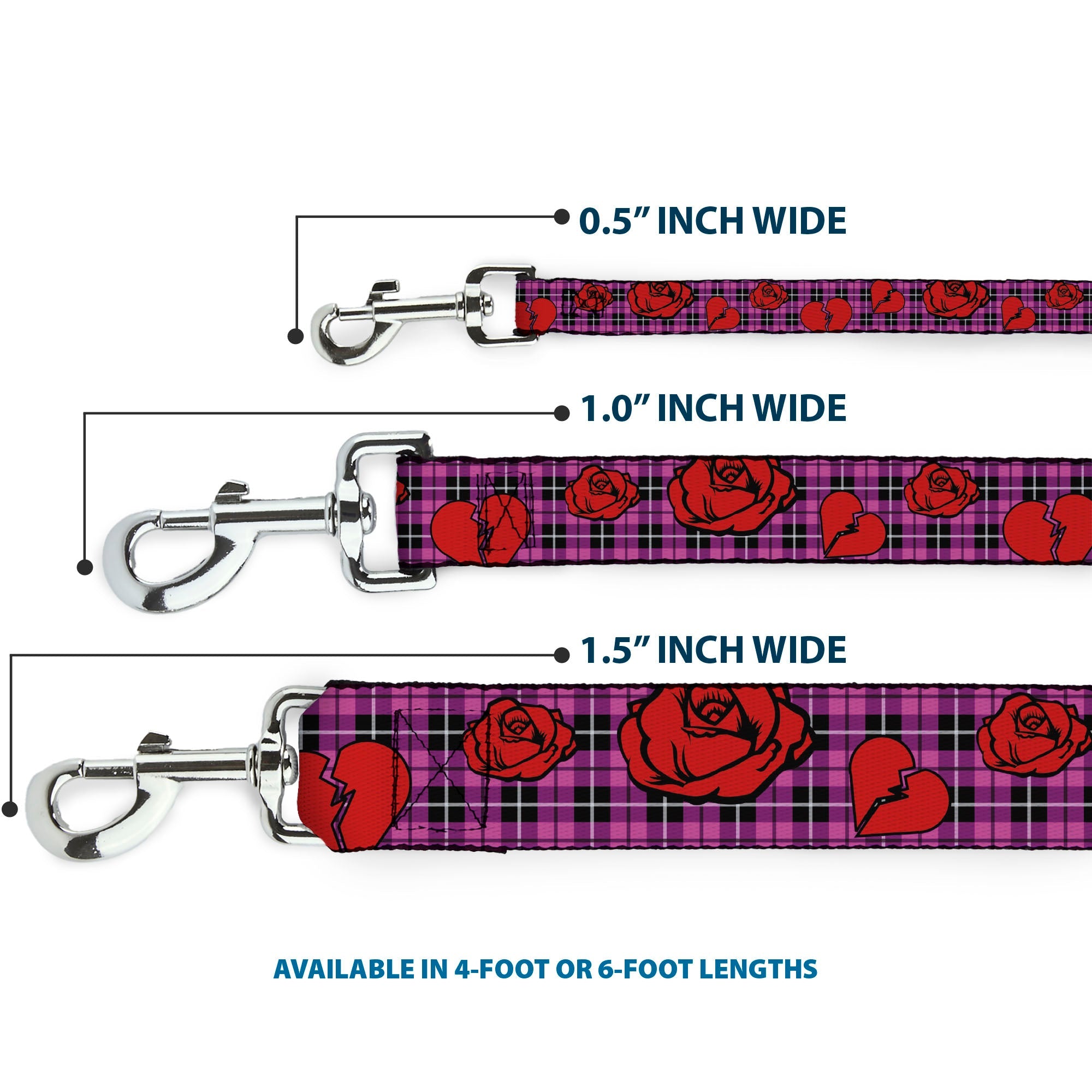 Dog Leash - Broken Hearts & Roses w/Fuchsia Plaid